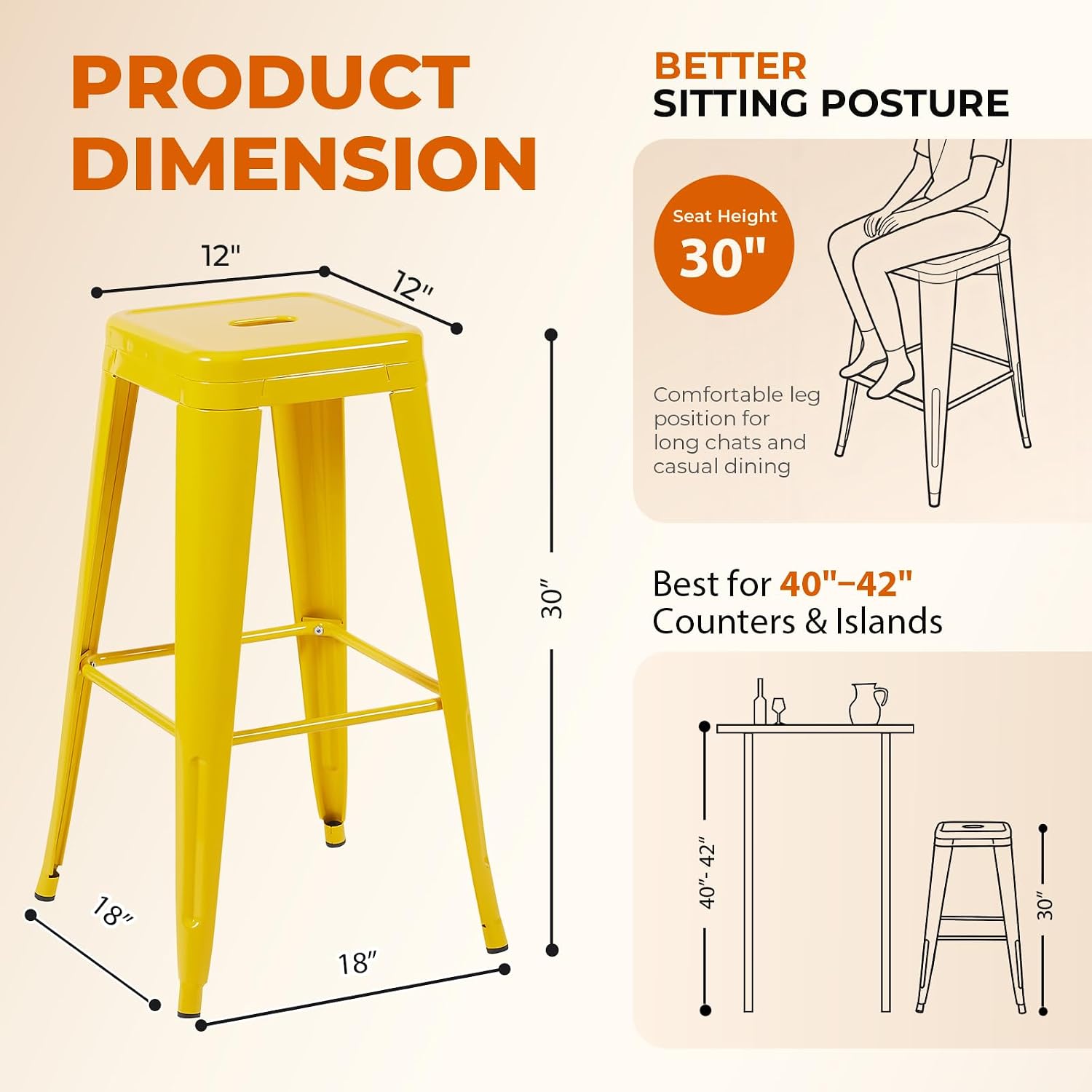 Detalle 2 de SOLEGGIAHOMIA AM-JANE-YELLOW Metal Bar Stools, Set of 4, 30-Inch Yellow