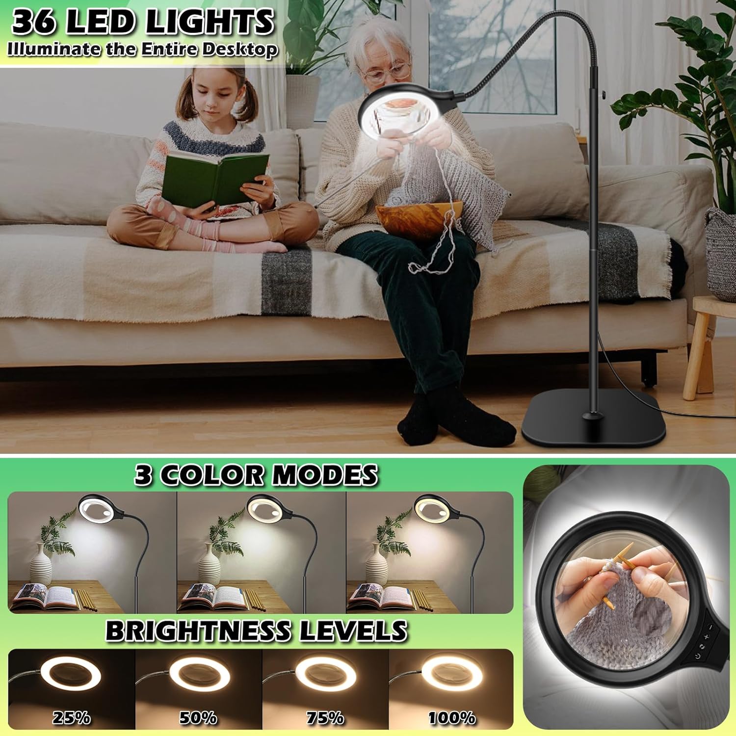 Thumbnail 4 de 10X 30X Large Floor Magnifying Glass with Light and Stand — Heavy-Duty USB Magnifier Lamp for Reading, Craft, and Close Work