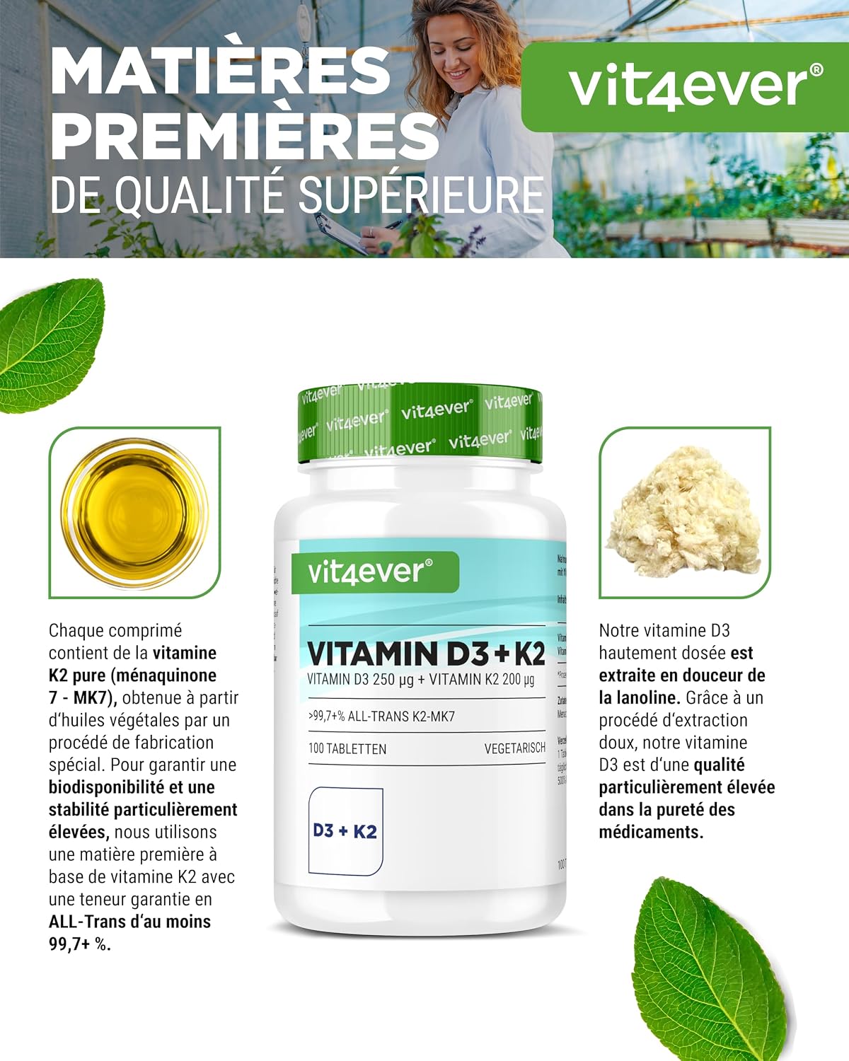 Detalle de Vit4ever Vitamine D3 + K2 MK-7-100, 10 000 UI de D3 et 200 µg de K2 (MK-7), 100 comprimés