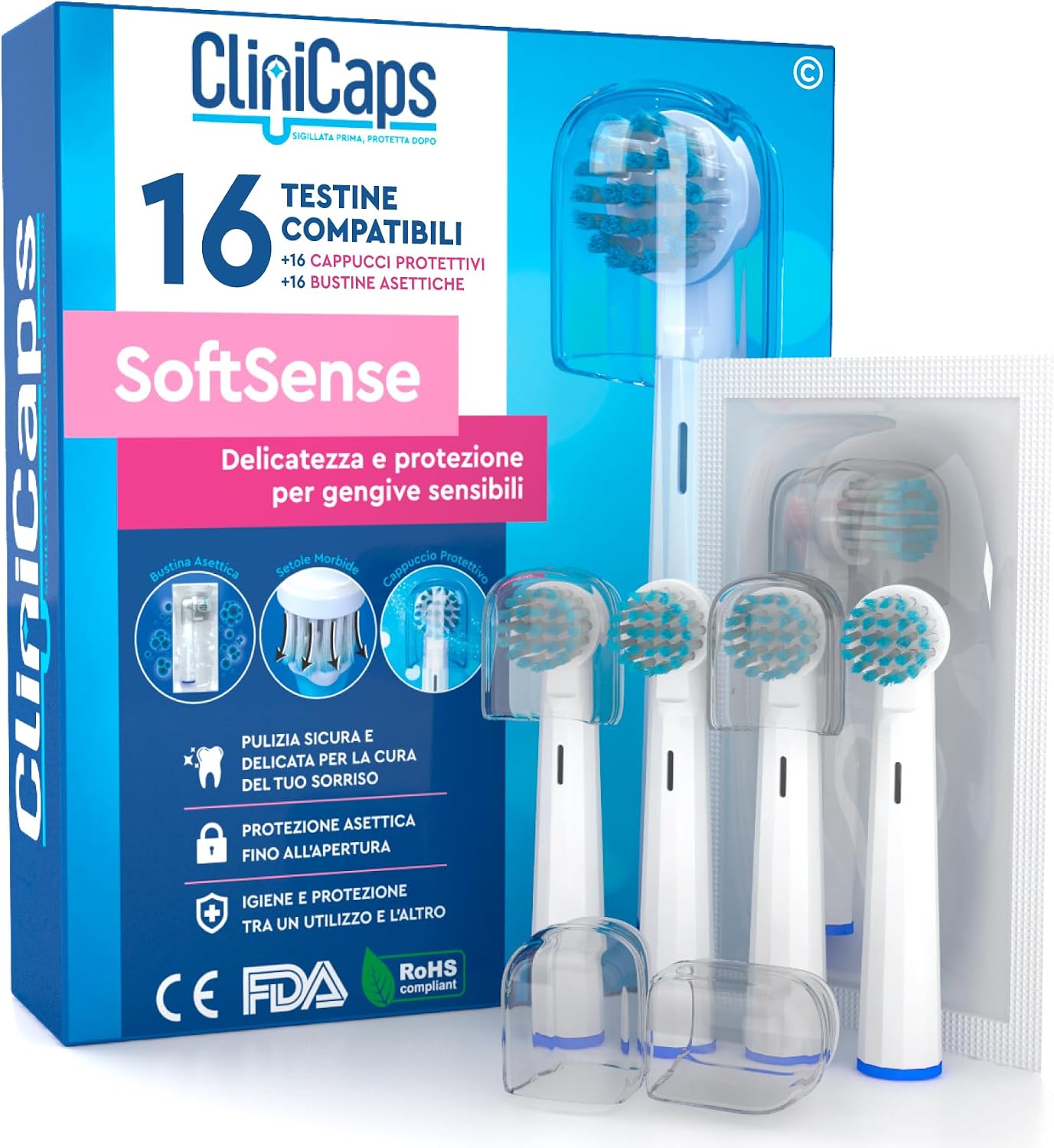Detalle de 16 testine morbide CliniCaps SoftSense compatibili Oral-B (setole ultra-morbide, doppia protezione) – colore bianco
