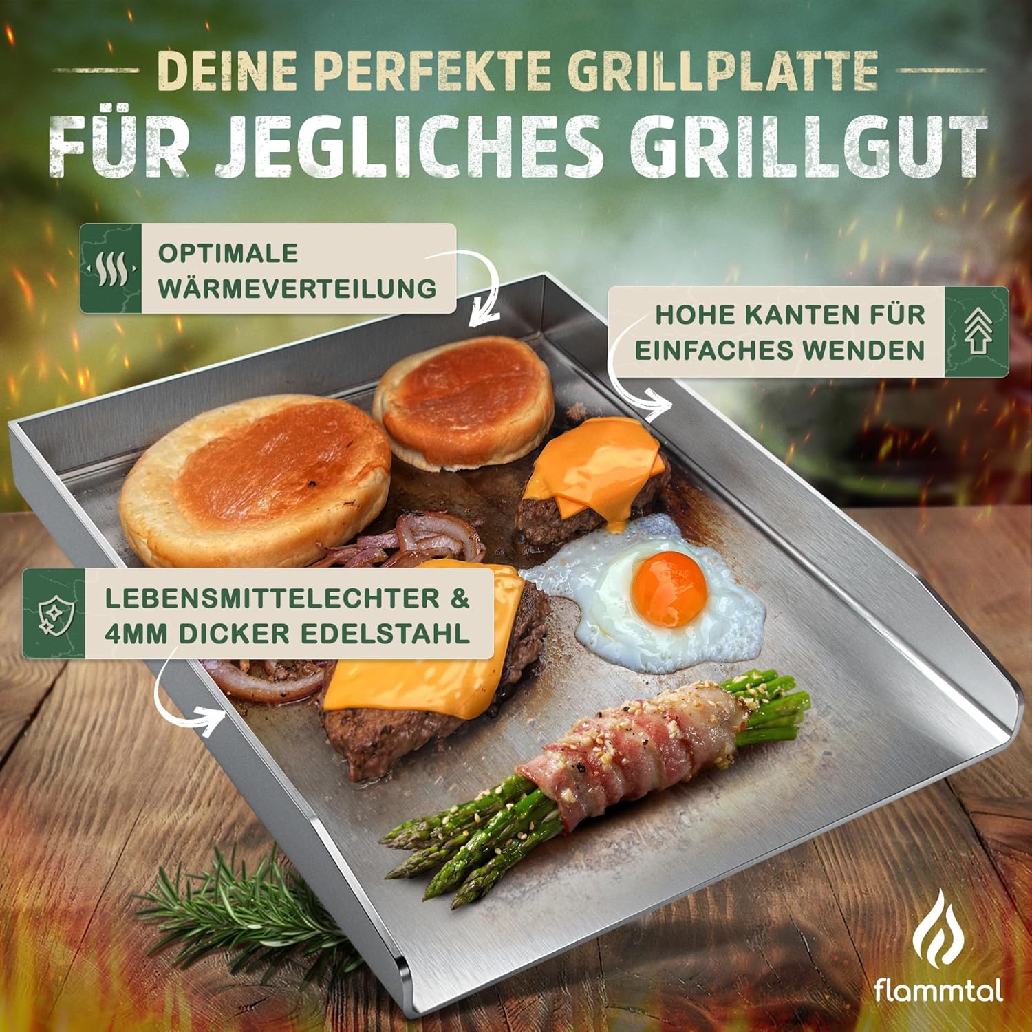 Thumbnail 1 de flammtal Grillplatte aus 4 mm rostfreiem Edelstahl (40 x 30 cm) inkl. Grillspachtel-Set & Burgerpapier