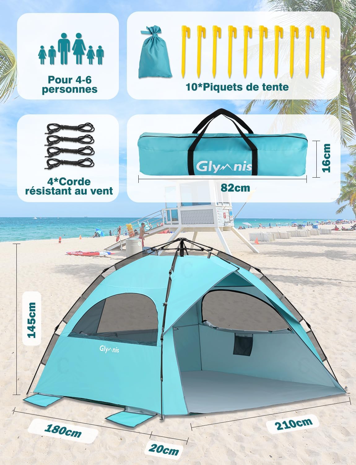 Thumbnail 1 de Glymnis Large Pop Up Beach Tent (for 4-6), Instant Automatic UV Sun Shelter
