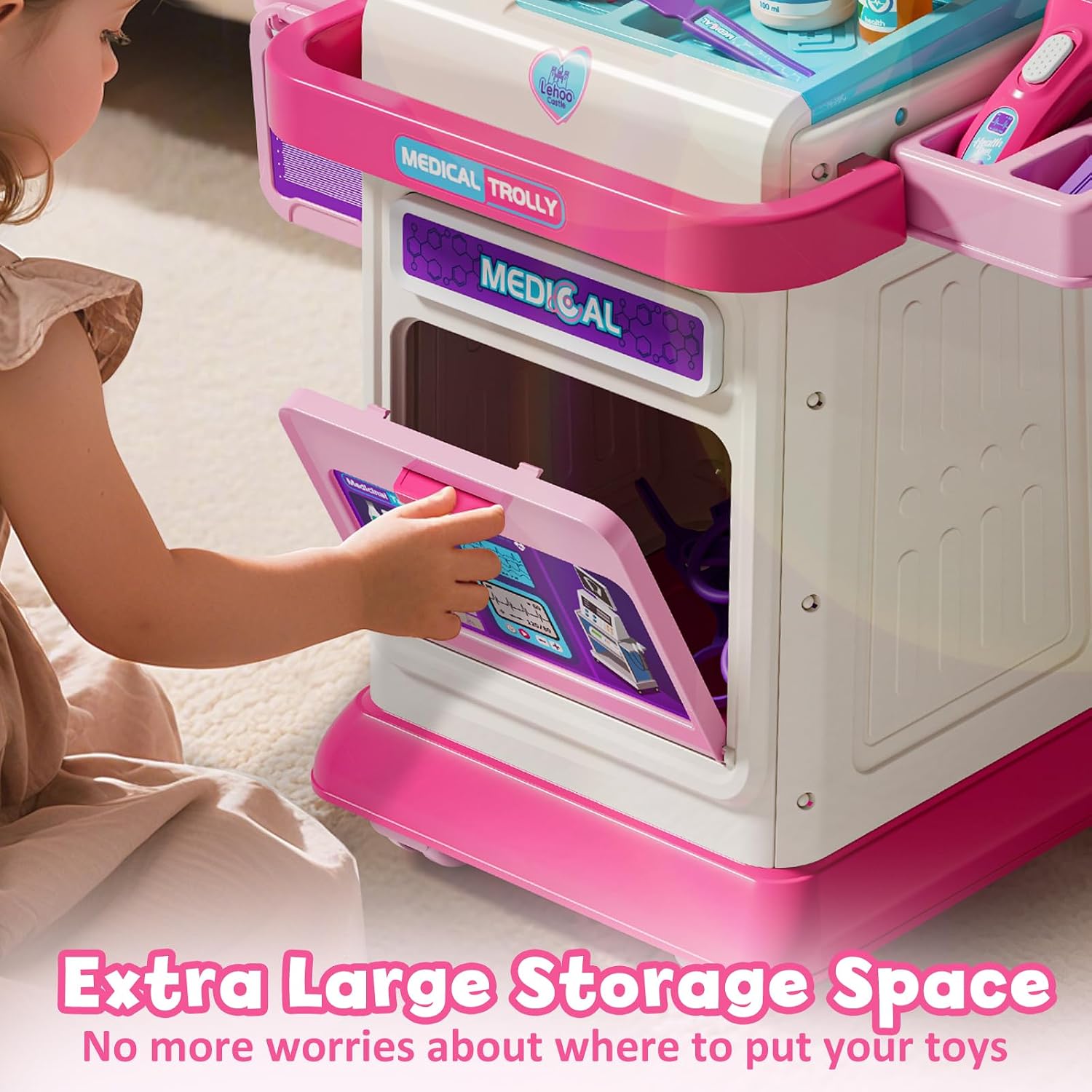 Detalle de Lehoo Castle Kids Doctors Set (Pink) with Medical Trolley, sound & light play dashboard