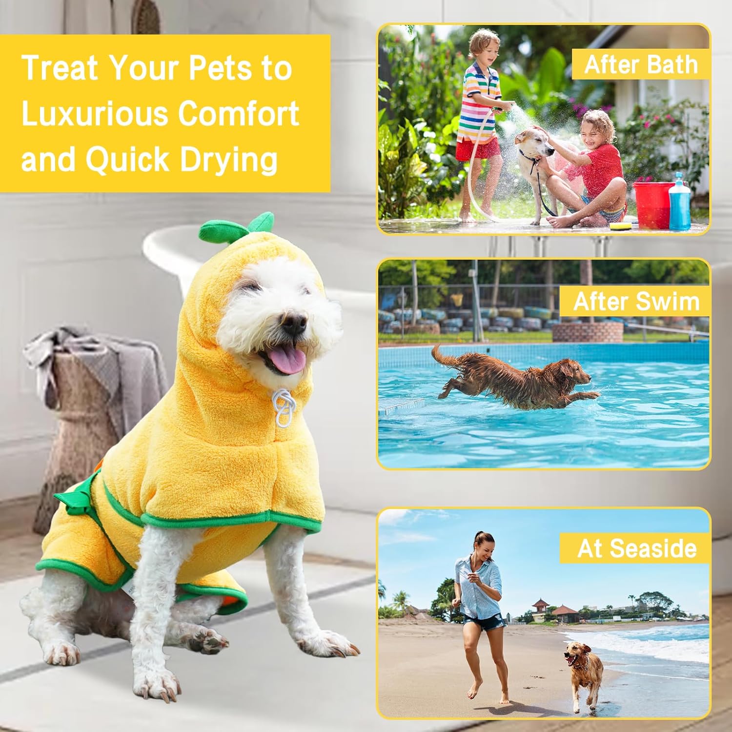 Thumbnail 3 de Fnaobai Pet Bathrobe for Dog and Cat – Absorbent Quick-Drying Hooded Coat (Yellow, XS)