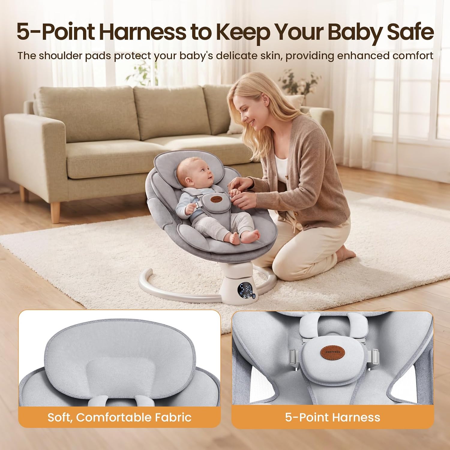 Thumbnail 5 de Smelluck Electric Baby Swing with App Control, 2 Recline Positions and Mesh Seat