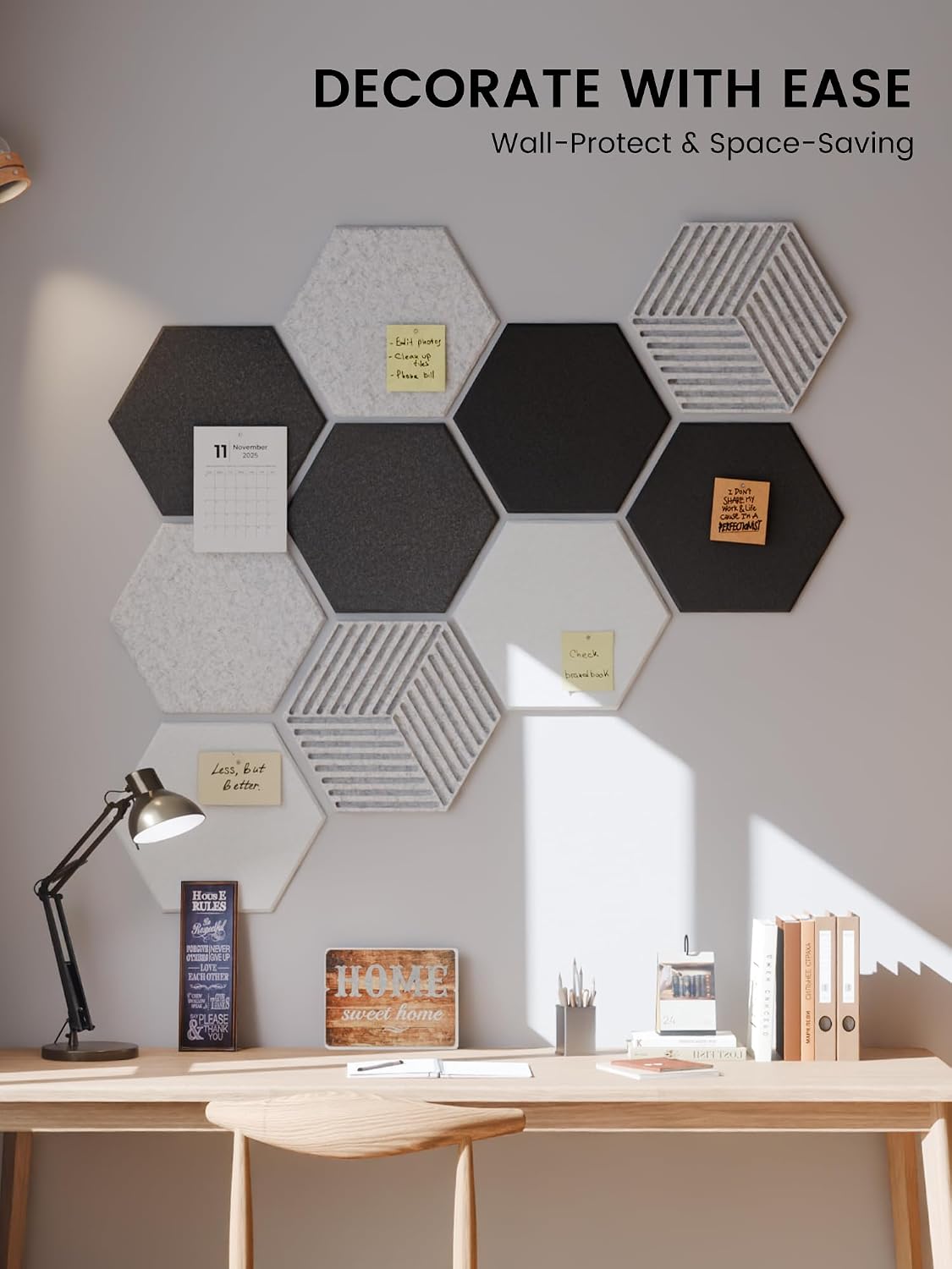 Detalle 2 de Fluxynara FZBHEXM-H-10-PL-BW Hexagon Felt Bulletin Board Tiles, 10-Pack