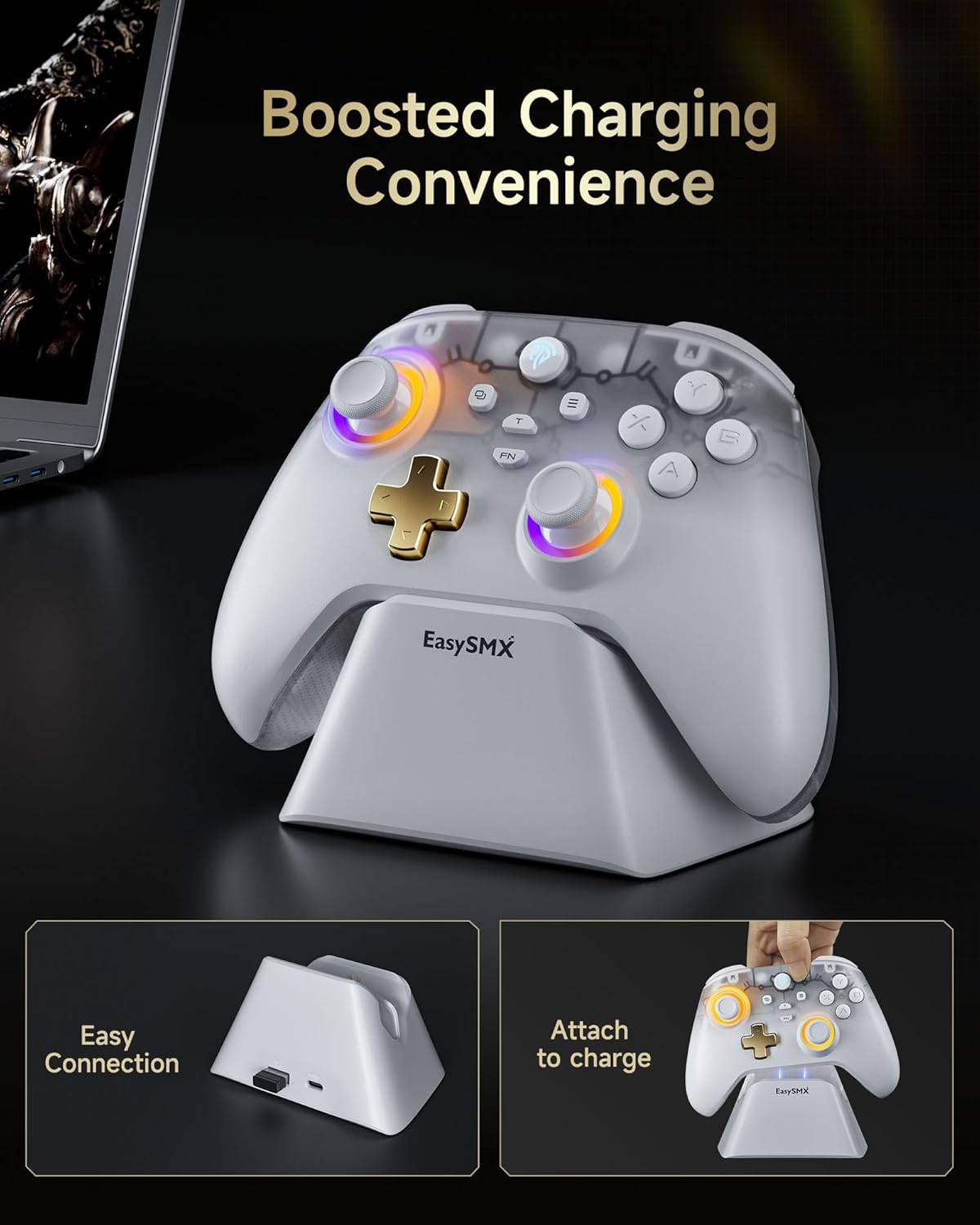 Detalle de EasySMX Enhanced Wireless Bluetooth PC Controller with Charging Dock, RGB and Hall Sensor (White)