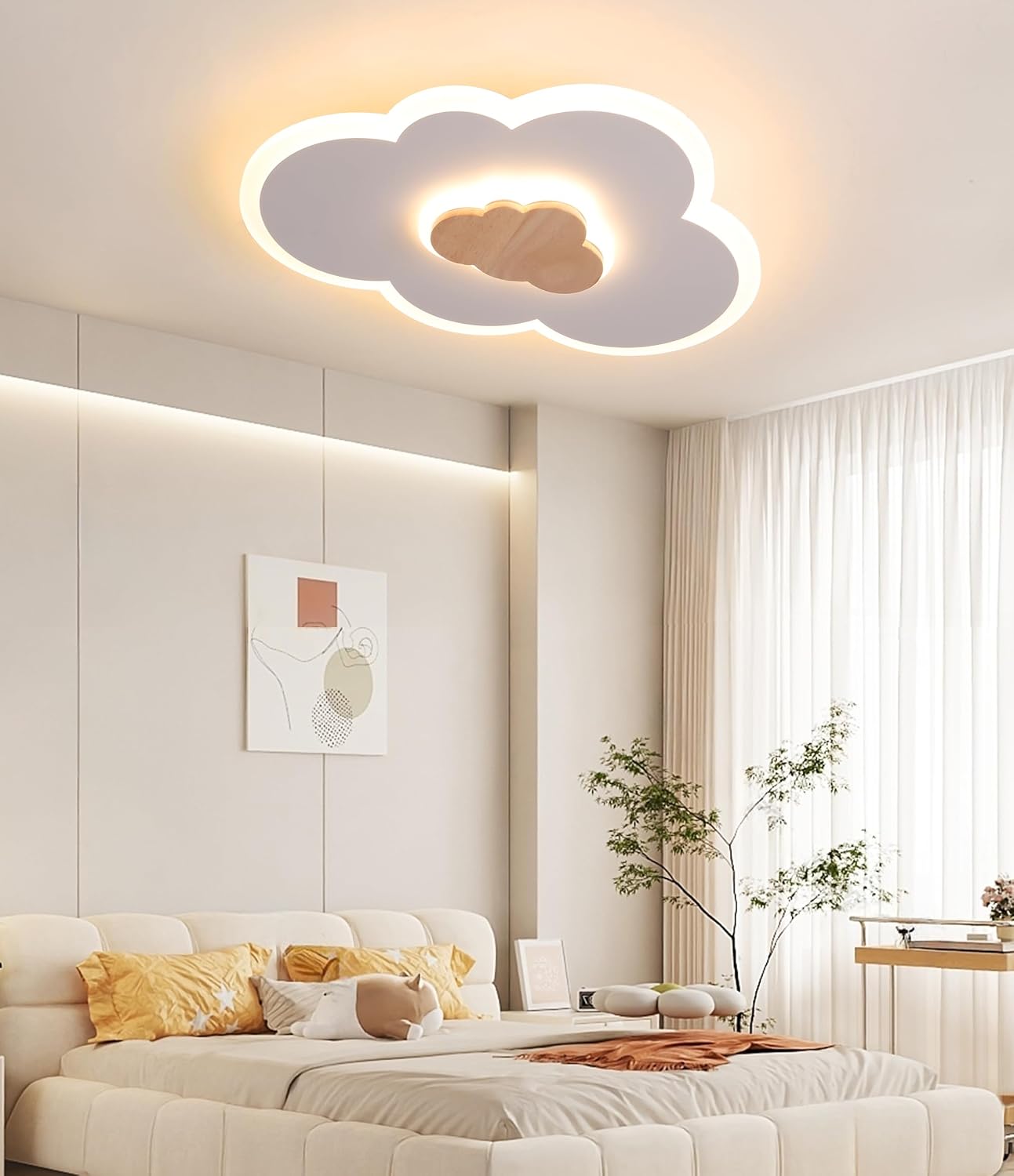 Detalle 2 de FANLG LED-Deckenlampe Kinderzimmer, 40 cm | Wolkenlampe mit Holz-Details, Warmweiß 3000K, 20W