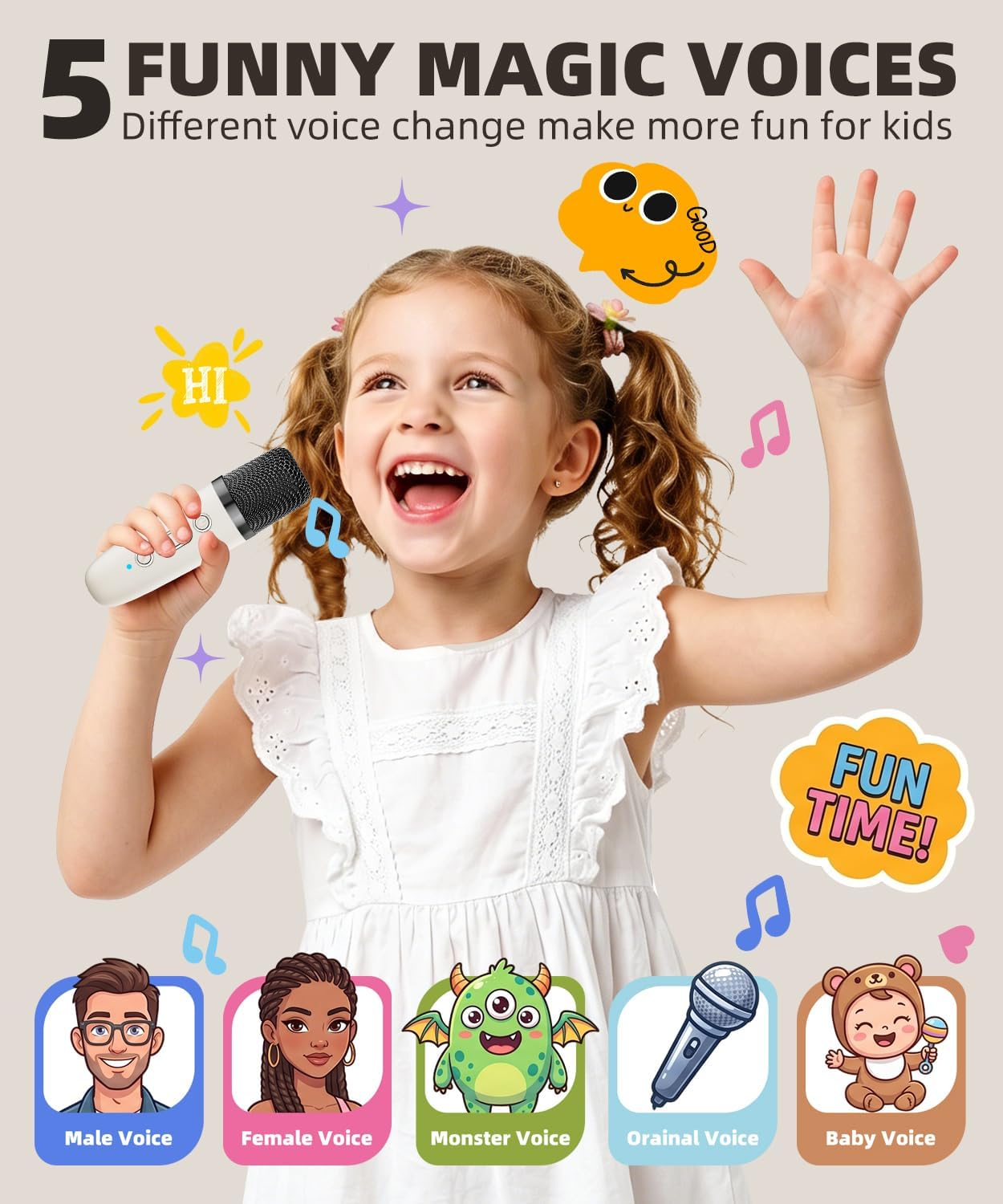 Detalle 2 de Mini Karaoke Machine Speaker for Kids & Adults (Off-White, 2 Mic) – Portable Bluetooth Karaoke System