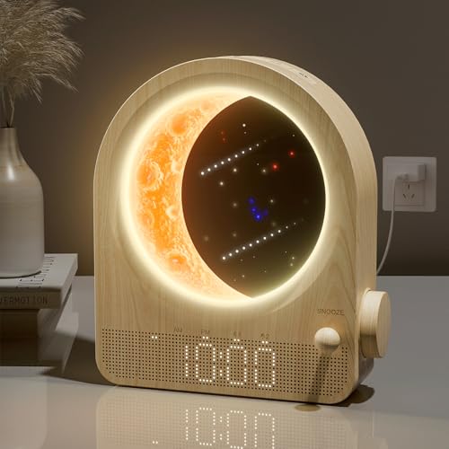 Detalle de blonbar Lampe lune avec réveil à lumière du jour – lampe de chevet avec 2 réveils, 10 sons naturels et veilleuse nocturne