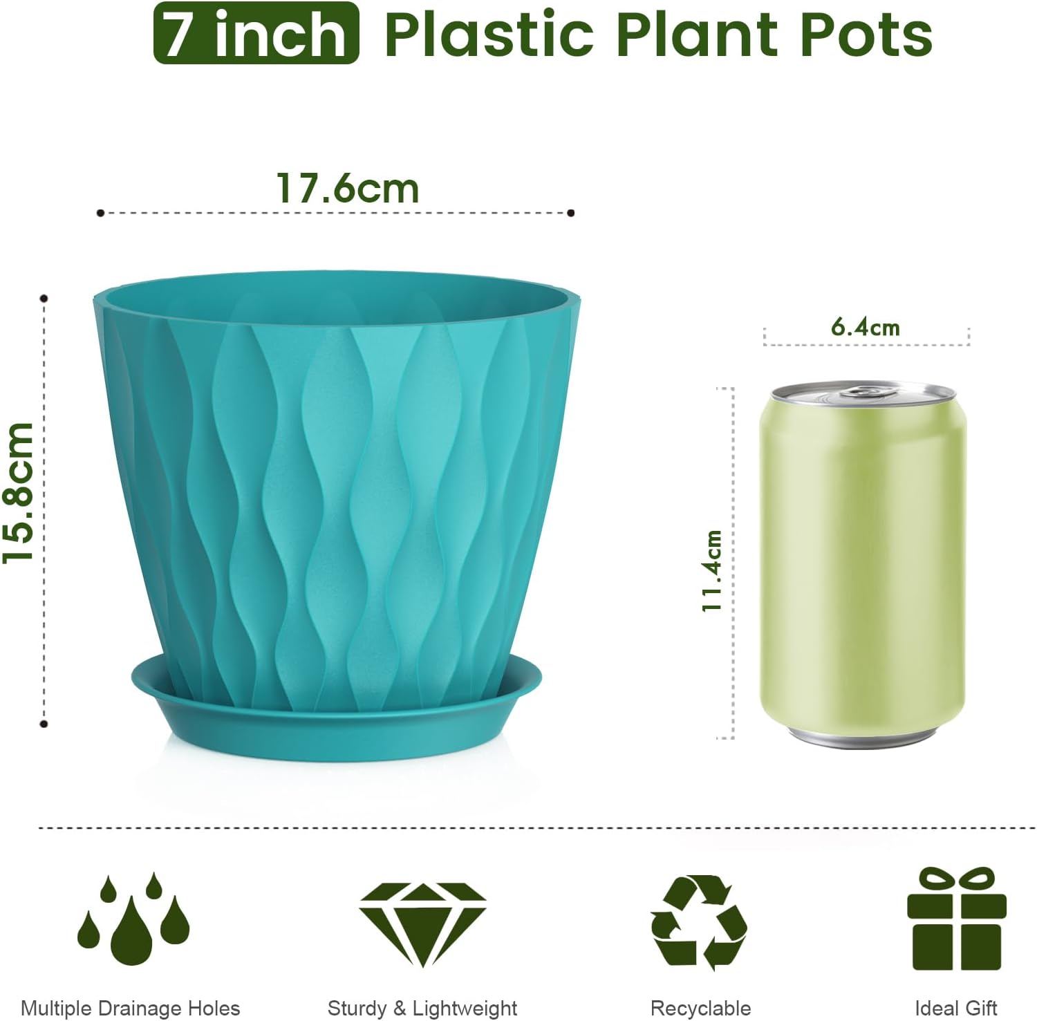 Detalle 2 de WSMKSZ 17.6 cm Plant Pots — 5 Pack, Lightweight Durable Plastic with Drainage Holes and Saucers