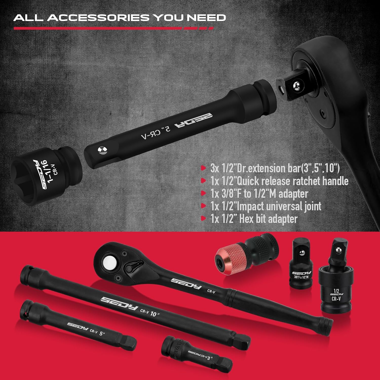 Thumbnail 5 de Master 1/2" Drive Impact Socket Set (67-Piece) — SAE 3/8"–1-1/4" & Metric 8–24mm, Ratchet + Extensions