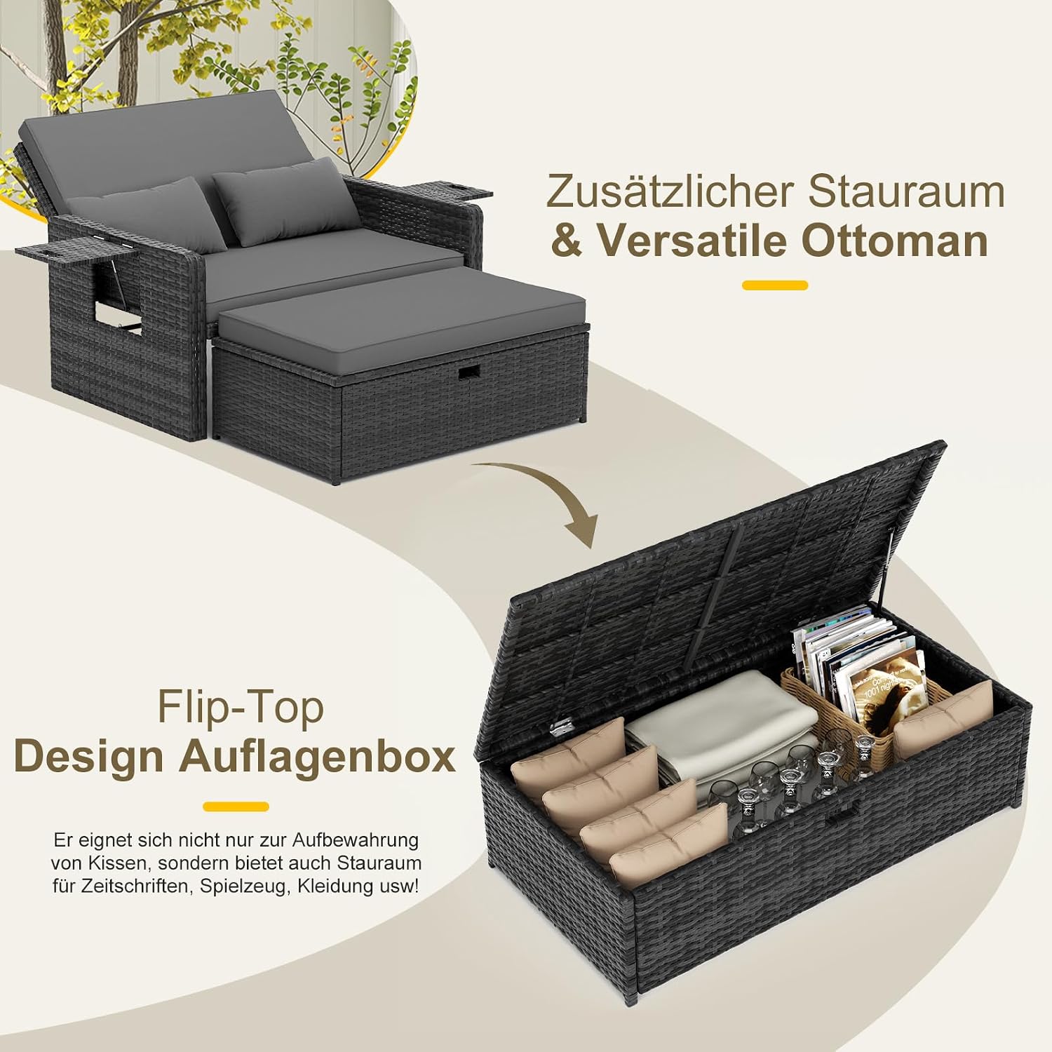 Thumbnail 6 de UDPATIO Rattan Lounge Möbel Outdoor – Verstellbares 2-Sitzer Gartensofa mit Stauraum, Hocker und verstellbarer Rückenlehne