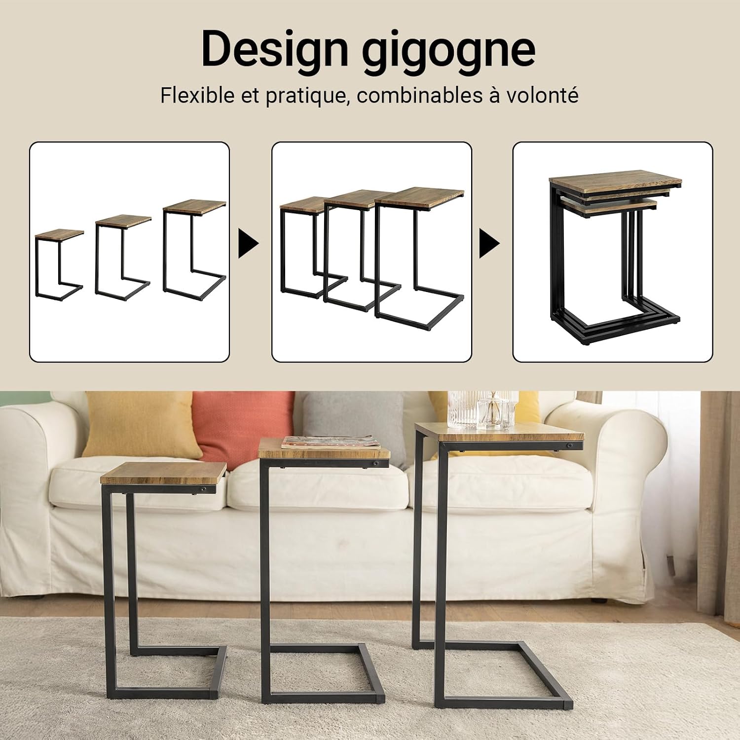 Thumbnail 3 de SoBuy FBT102-F Set 3 tables gigognes