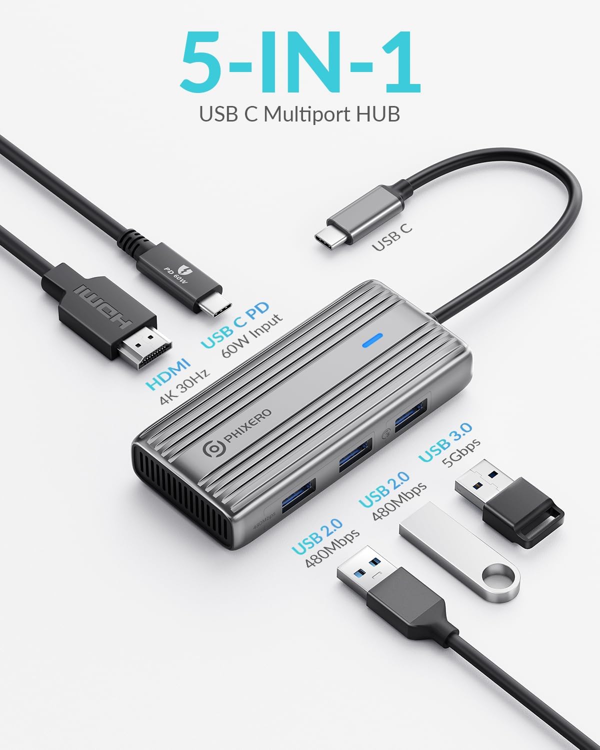 Detalle de PHIXERO USB-C Hub Multiport Adapter: 5-in-1 mit 4K HDMI, 60 W PD und USB 3.0