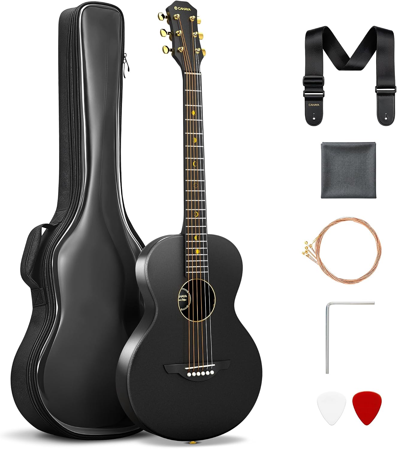 CAHAYA US-CCF300 Carbon Fiber Acoustic Guitar, 38-Inch OM Body, Low Action