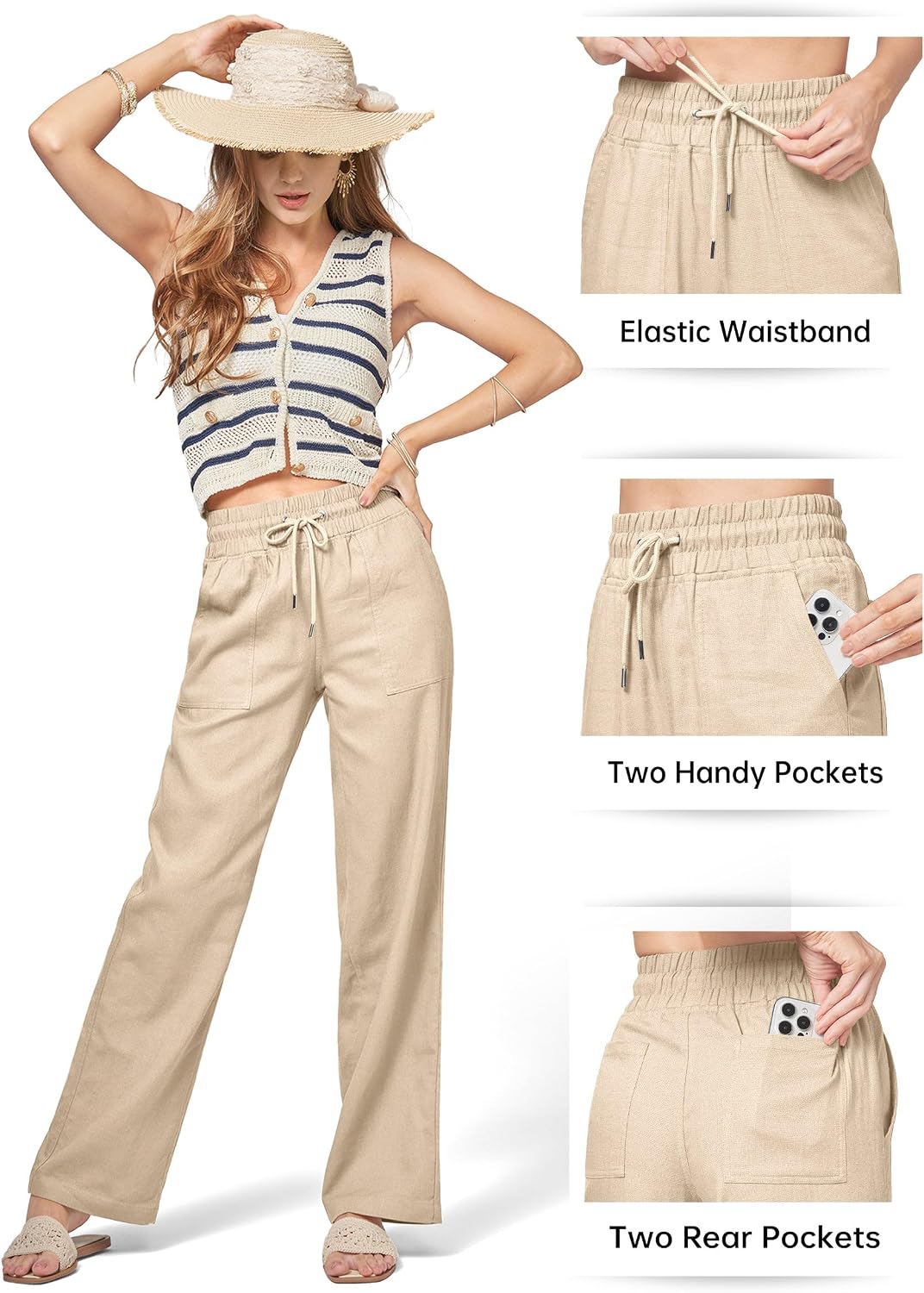 Detalle 2 de Willit Women Linen Pants Wide Leg Palazzo: Cotton-Linen Lounge Pants with Pockets (29/31/33)