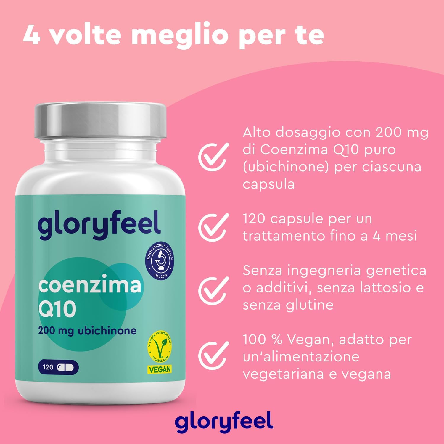 Detalle de Gloryfeel Q10 Coenzima 200 mg Puro, 120 capsule vegane (scorta per circa 4 mesi)