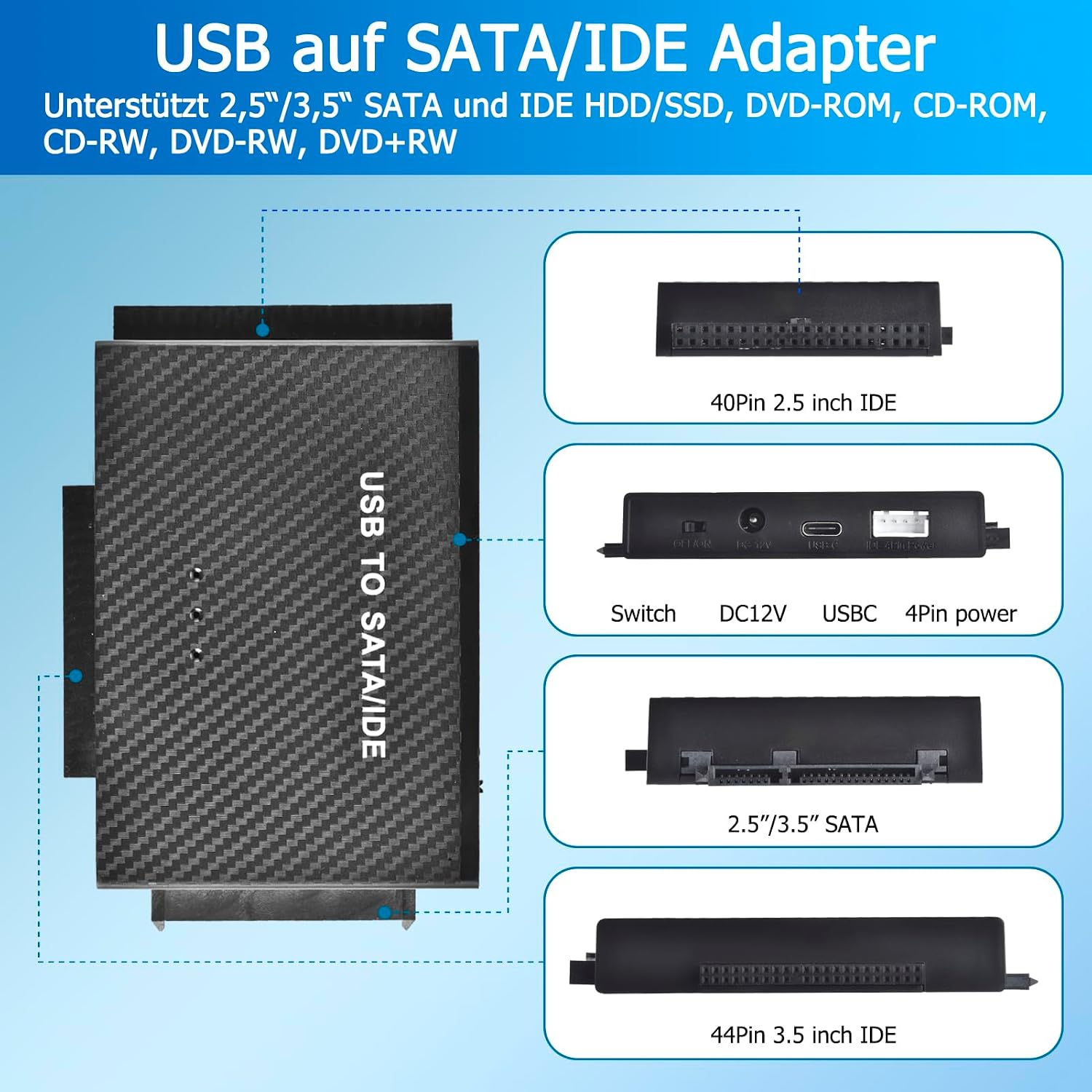 Detalle 2 de Amtake USB 3.0 zu IDE/SATA Festplatten-Adapter (2,5"/3,5") mit Netzteil 12V 2A
