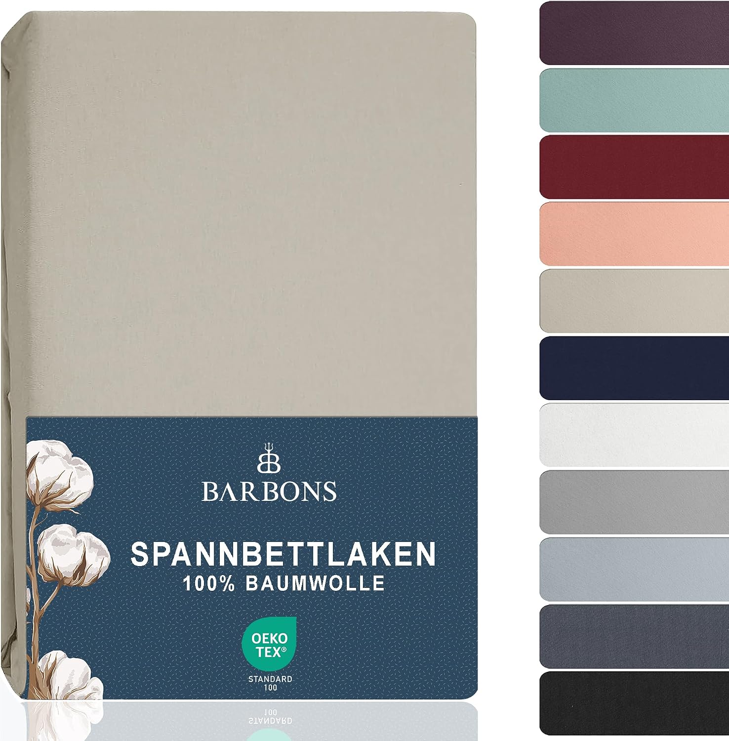 Detalle de BARBONS Spannbettlaken 160x200 cm aus 100% Baumwolle (Jersey), sandfarben – für Matratzen bis 27 cm