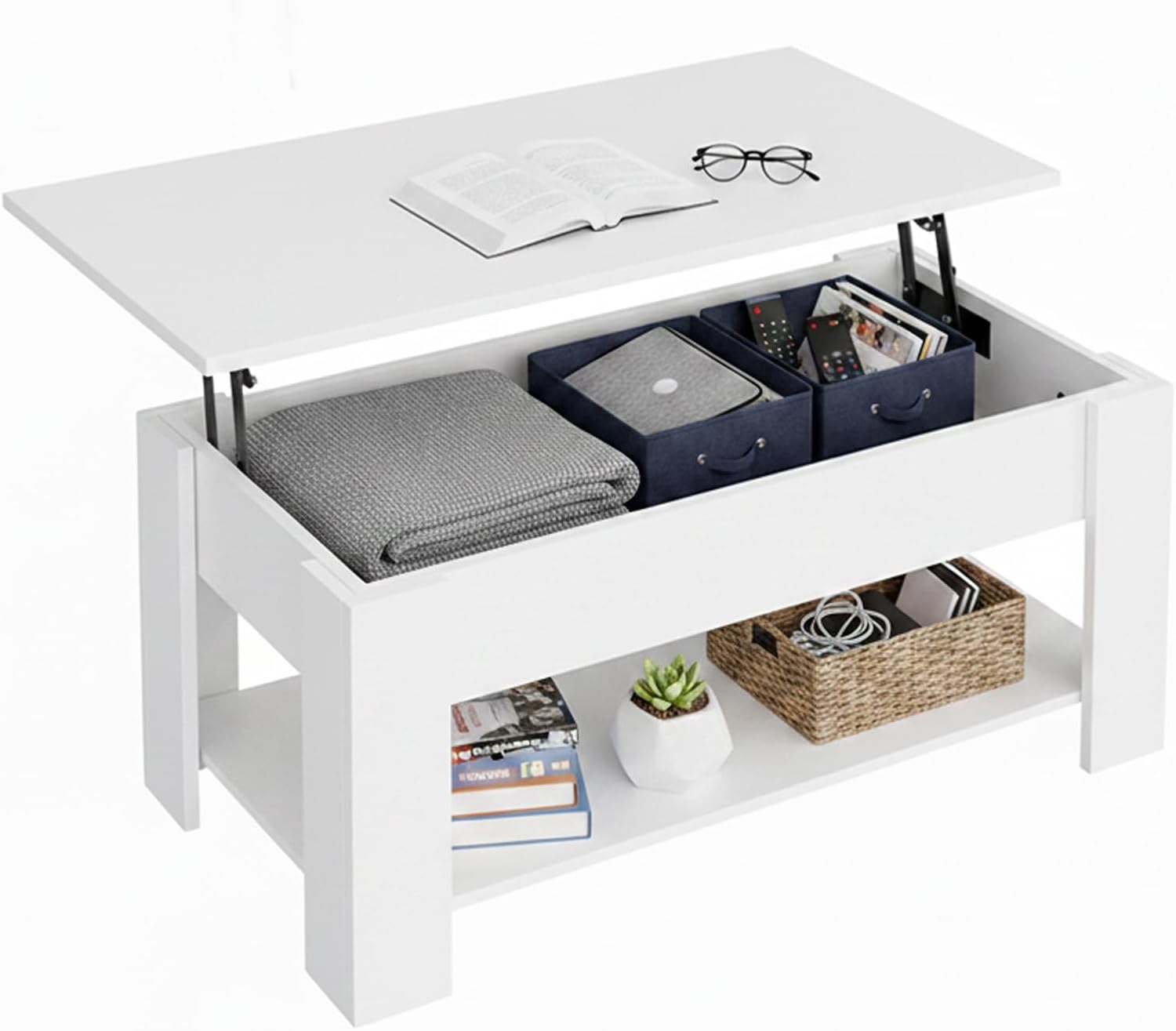 Detalle de Baroni Home Tavolino da Caffè con Piano Sollevabile e Contenitore Interno – bianco, 100x40x41,5 cm
