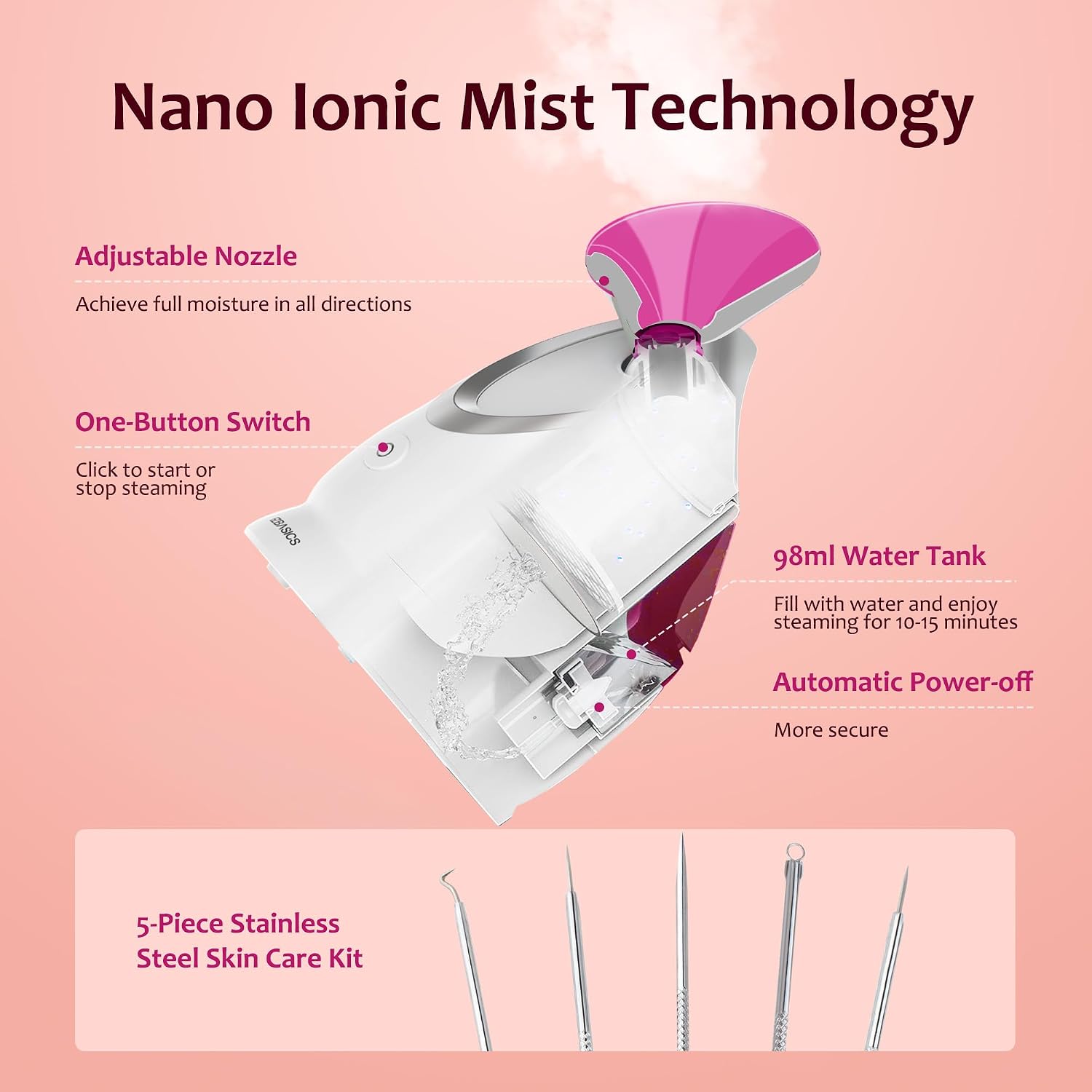 Thumbnail 1 de EZBASICS Vaporizzatore facciale Nano-Ionico a nebbiolina tiepida con Skin Kit in acciaio inox (1 set + 5 pz) Rosa