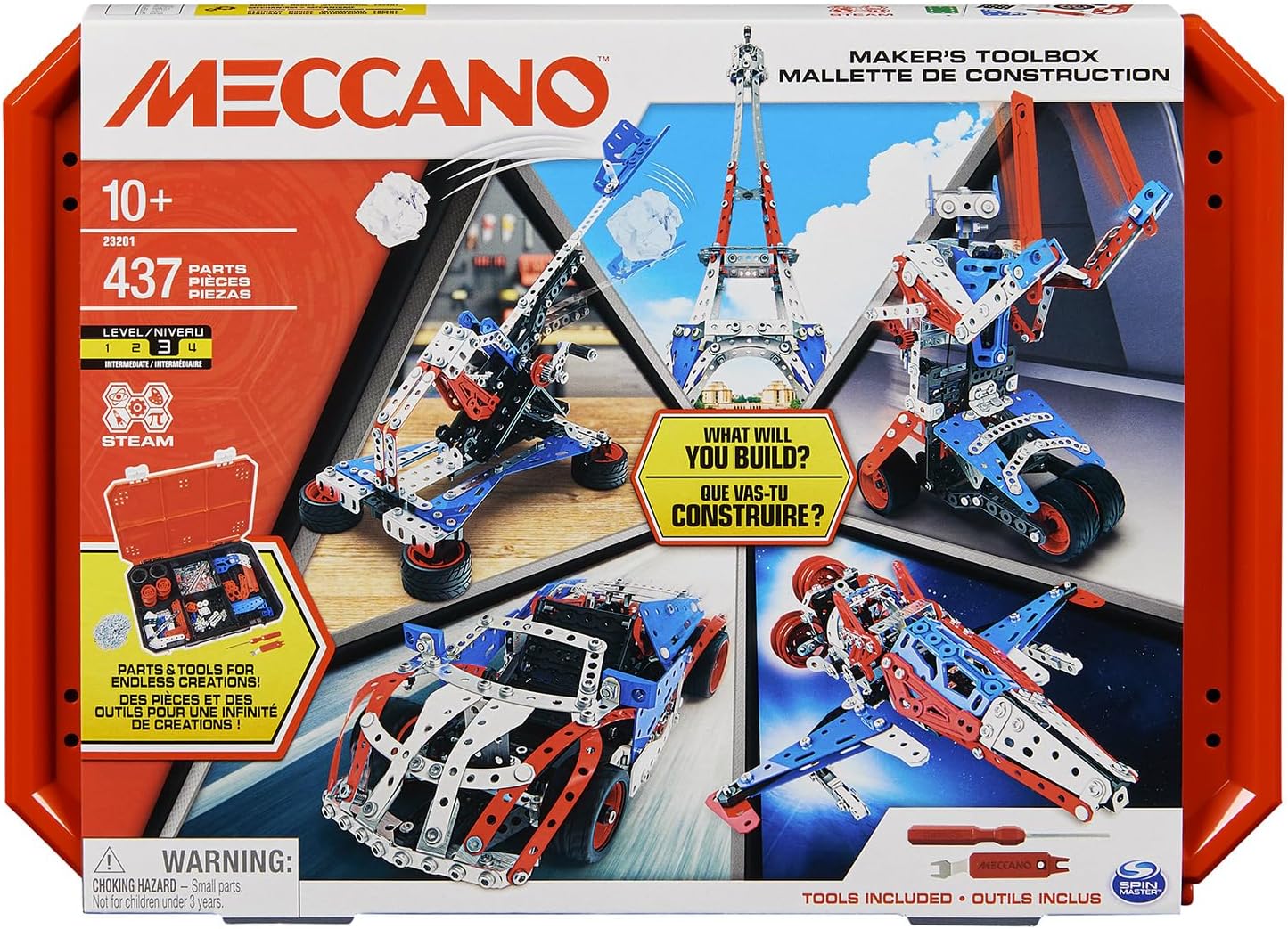 Detalle de BANDAI Meccano Mallette de Construction – Coffret 5 en 1 (437 pièces) pour véhicules, robot et Tour Eiffel
