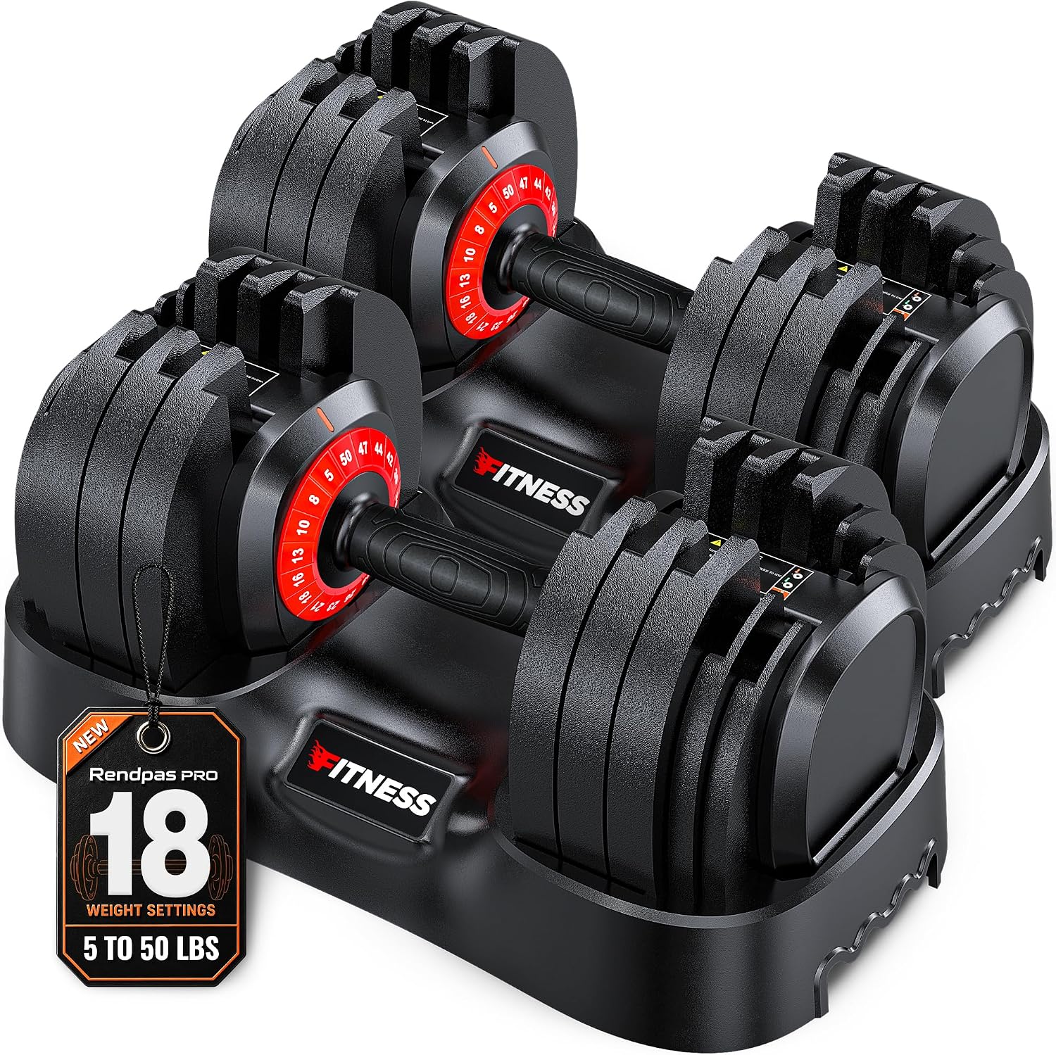 Detalle de Rendpas Adjustable Dumbbells, 5–50 lb, 18 Settings, Dual-Lock Safety