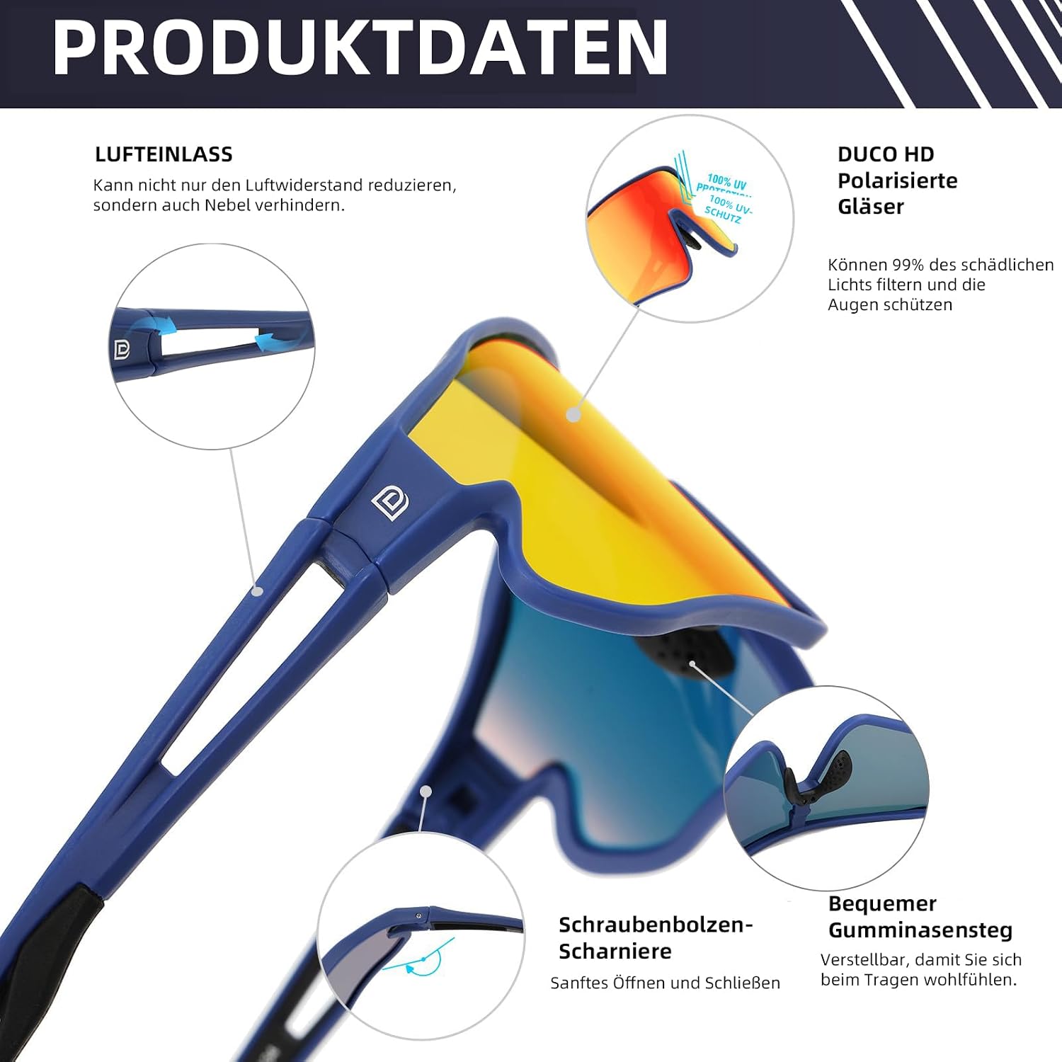 Detalle de DUCO Polarisierte Radsportbrille DC0029 – UV400, TR90-Rahmen, inklusive Box und Zubehör