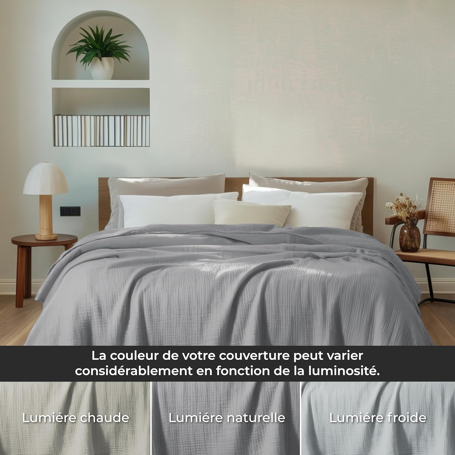 Thumbnail 3 de Dreamzie Couverture en mousseline 220x240 cm en coton (4 couches) gris clair – légère, respirante et lavable à 30 °C