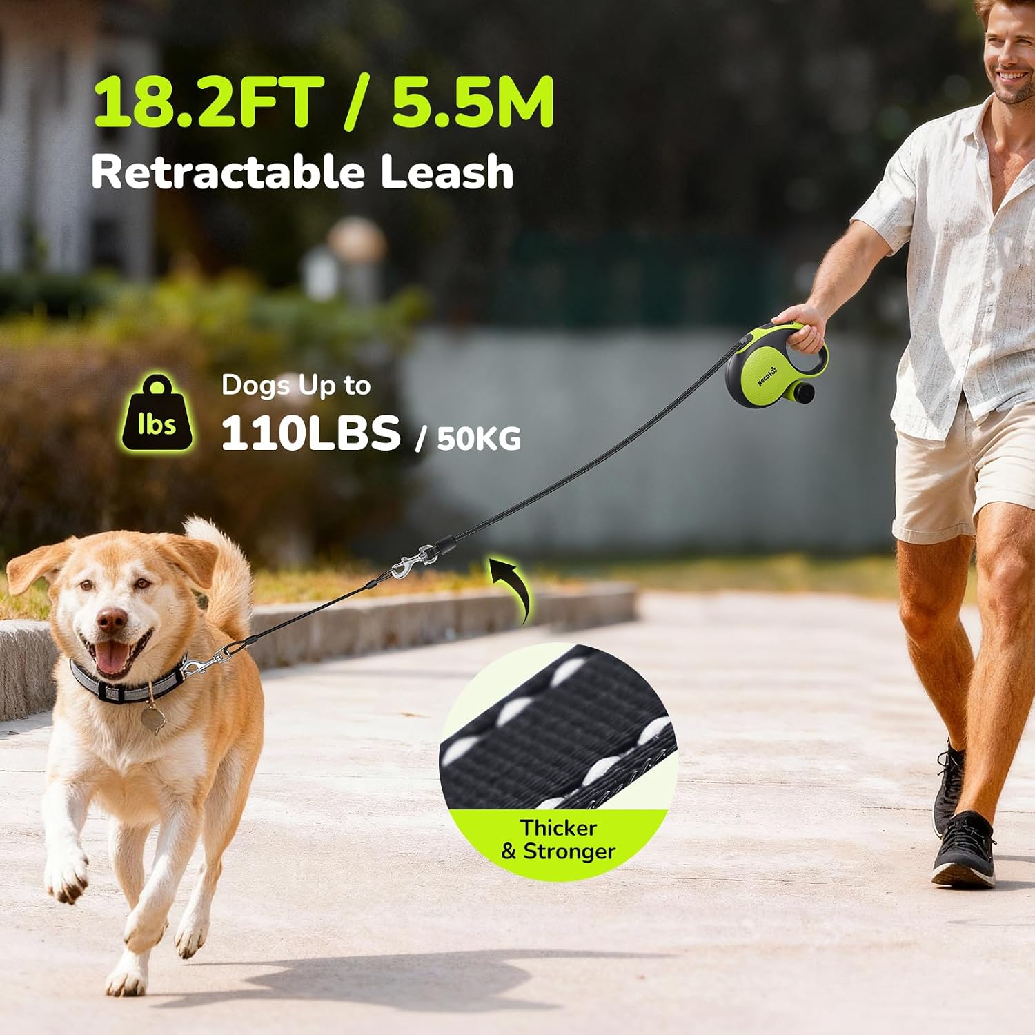 Detalle 2 de Pecute 5m Retractable Dog Lead with Chew-proof Cable, One-Button Control & Reflective Strips (up to 50 kg)