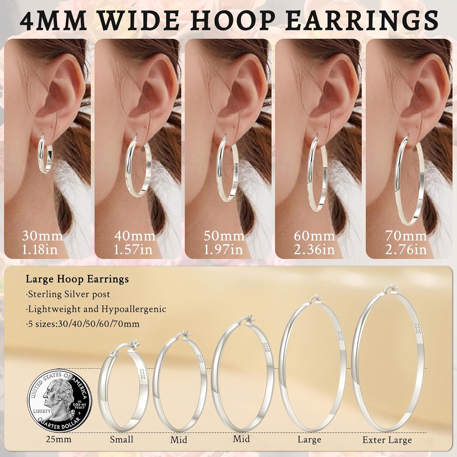 Thumbnail 4 de LOUMILEO 4mm Wide Large Silver Hoop Earrings (925 Sterling Silver, Hypoallergenic) — 30–70mm