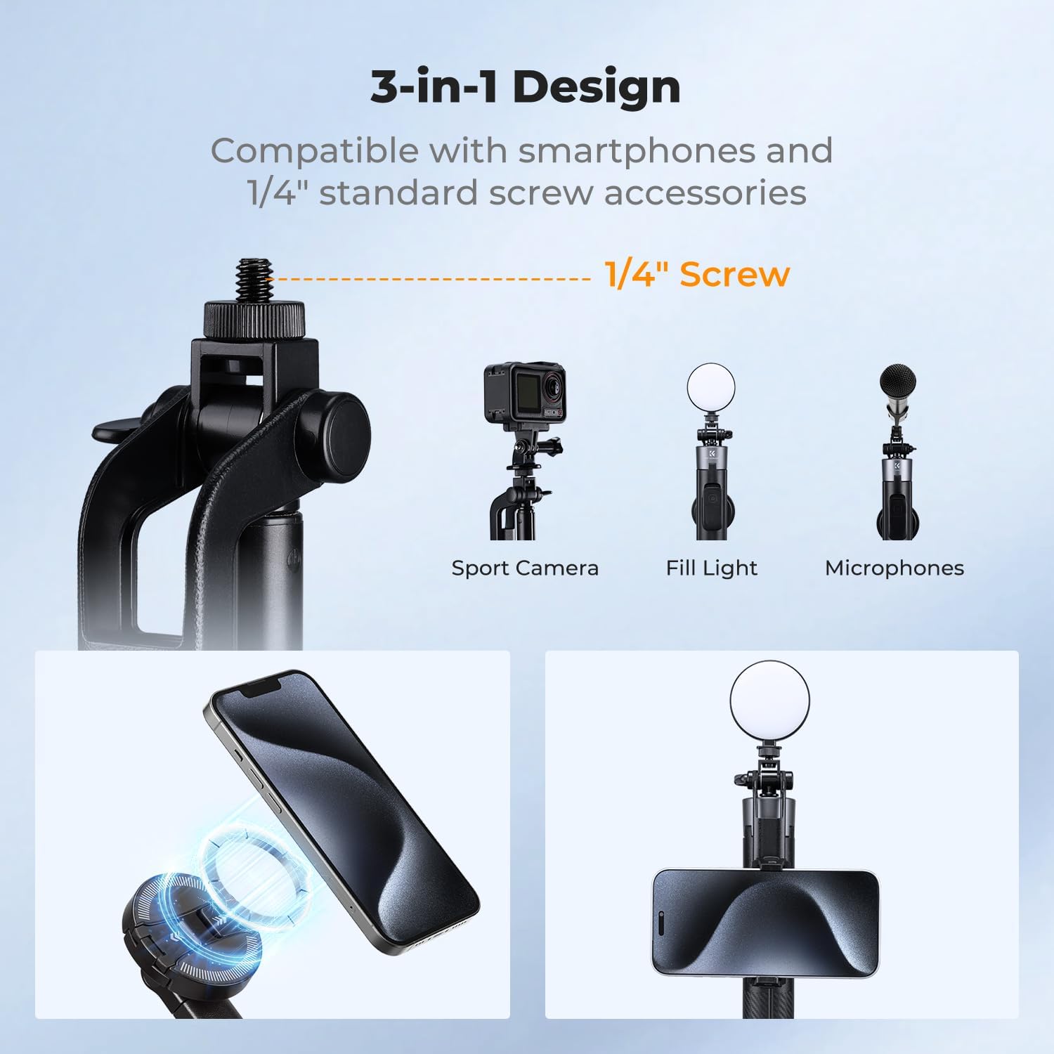 Detalle de K&F CONCEPT Popod 72" Selfie Stick Tripod with Fill Light and Remote