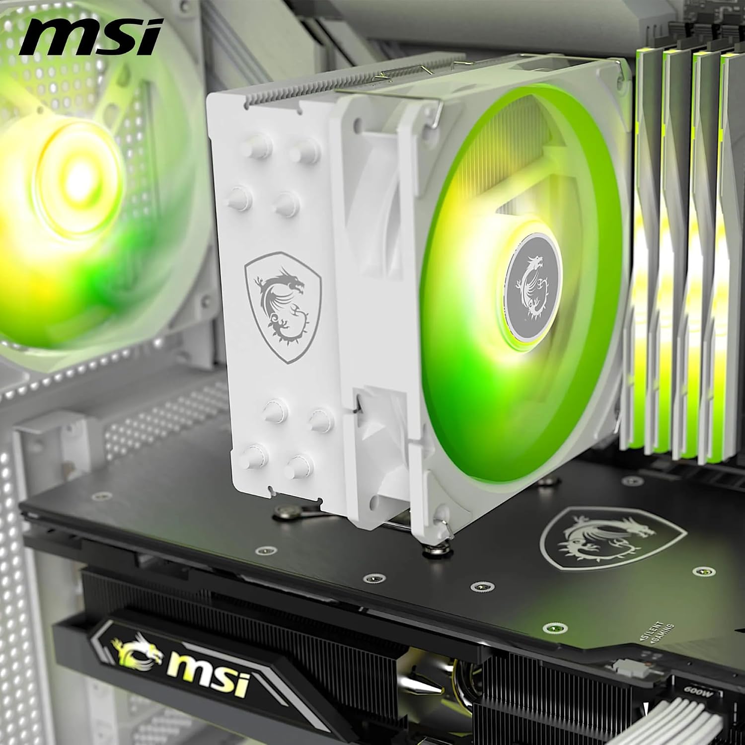 Detalle de MSI MAG COREFROZR AA13 WHITE CPU-Luftkühler – Direct Touch, ARGB, 4 Heatpipes, 120 mm