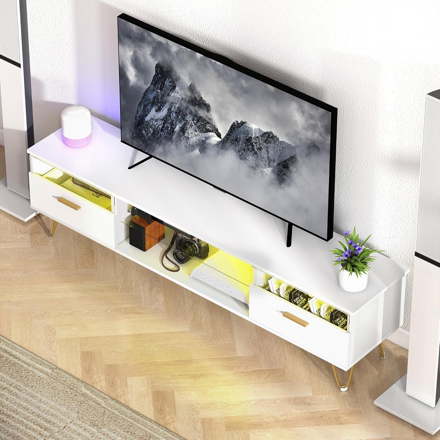 Thumbnail 5 de HOMCOM Meuble TV Blanc avec LED RGB à 16 couleurs, 160 cm – Éclairage d’ambiance et rangement moderne pour TV 42–120 pouces