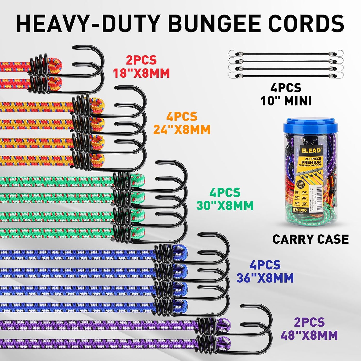 Detalle 2 de ELEAD E70090 Heavy-Duty Bungee Cords, 20-Piece Rubber Set with Hooks
