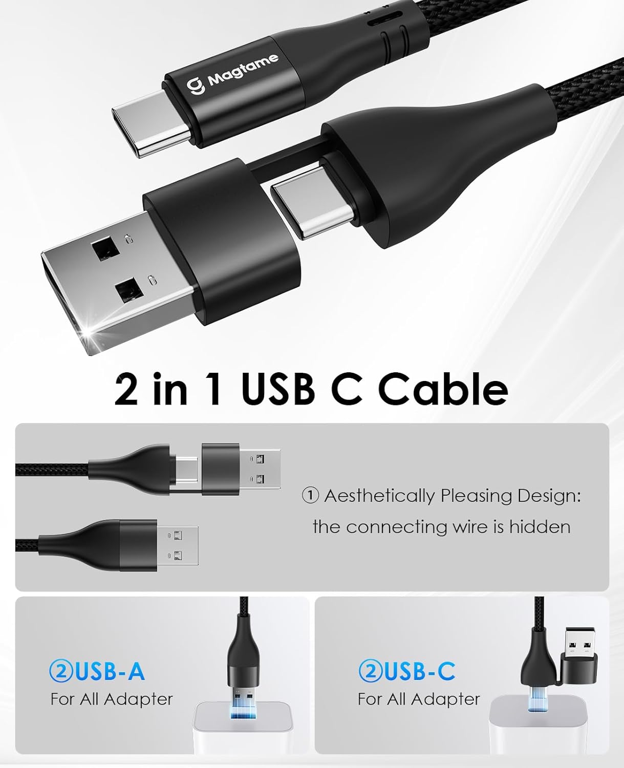 Thumbnail 1 de Magtame Magnetic USB A/C to Type C Cable (1m) – Coiled braided fast charging cord for USB‑C devices