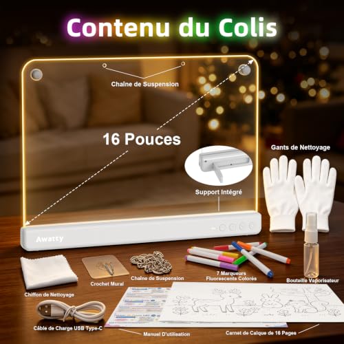 Thumbnail 7 de Awatty Tableau Lumineux LED Rechargeable – Planche à Dessin 16 pouces pour Enfants 4–12 ans