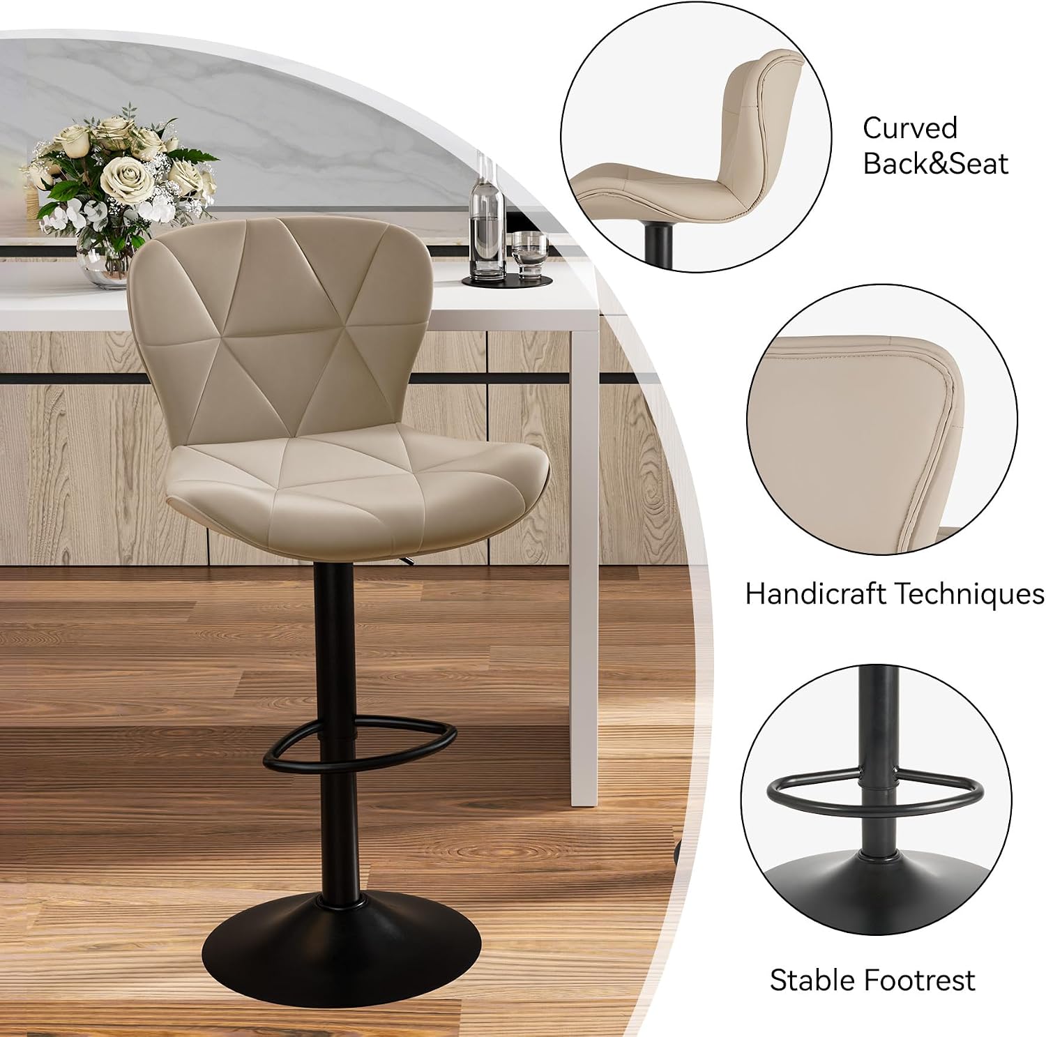 Detalle 2 de Nalupatio Set of 4 Adjustable Swivel Bar Stools, Khaki Faux Leather