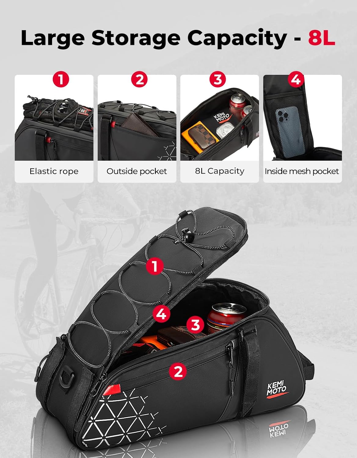 Detalle de KEMIMOTO Borse per Bici 2 in 1 da 8L: impermeabile, versatile e facile da montare