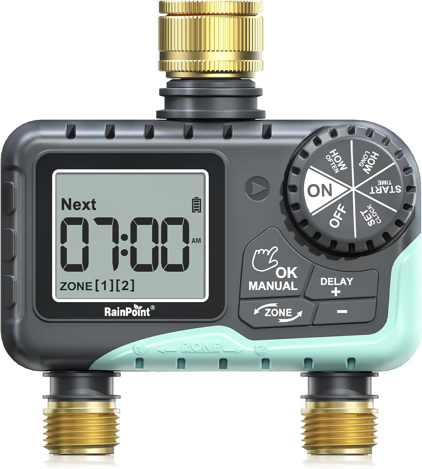 RAINPOINT Water Timer 2 Outlets – IP65 garden hose irrigation timer with brass inlet/outlet