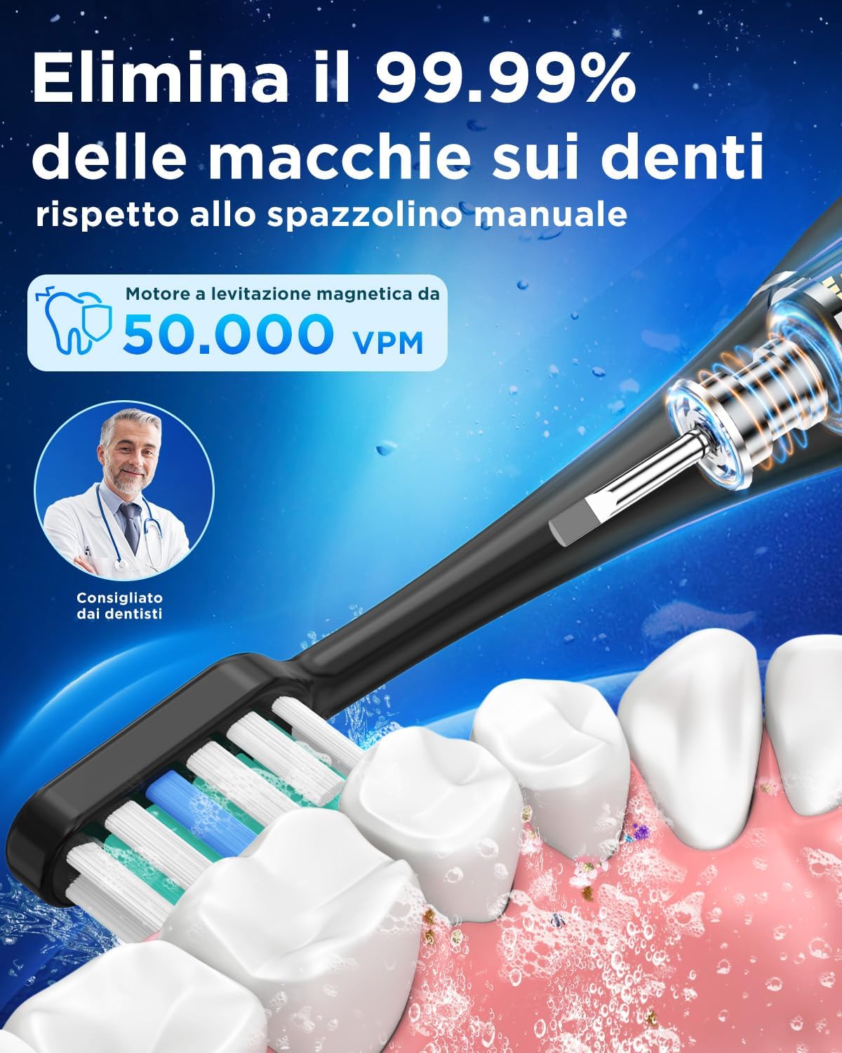 Detalle 2 de Spazzolino Elettrico Sonico Adulti con 8 Testine – 5 Modalità, Custodia da Viaggio, Autonomia fino a 120 giorni