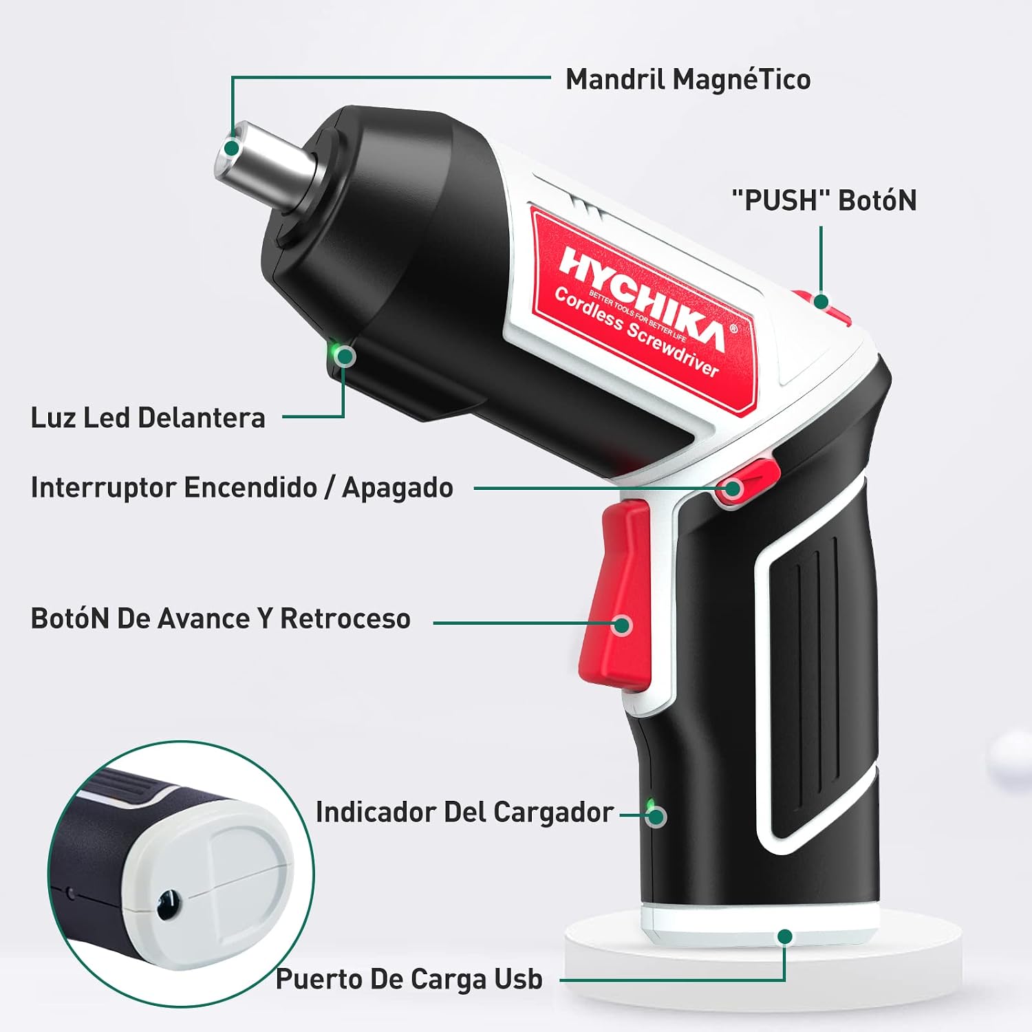 Detalle 2 de HYCHIKA Avvitatore a Batteria 6 Nm 3,6 V con LED, cavo USB e accessori per DIY