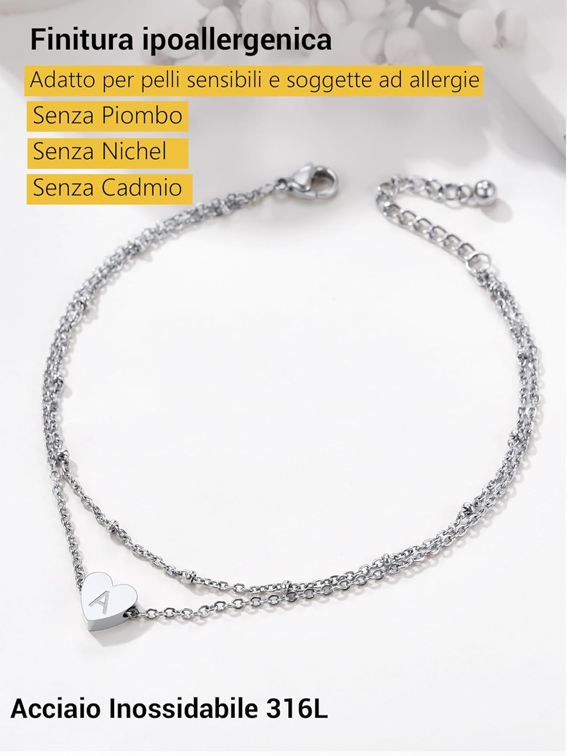 Thumbnail 3 de PROSTEEL Cavigliera donna a doppia catena con iniziali A-Z e pendente cuore in acciaio 316L placcato oro