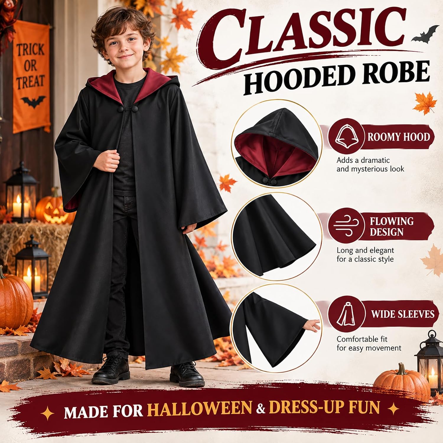 Detalle 2 de Santoy Wizard Costume Set for Kids, Child Size 8–12 with 57-Inch Robe