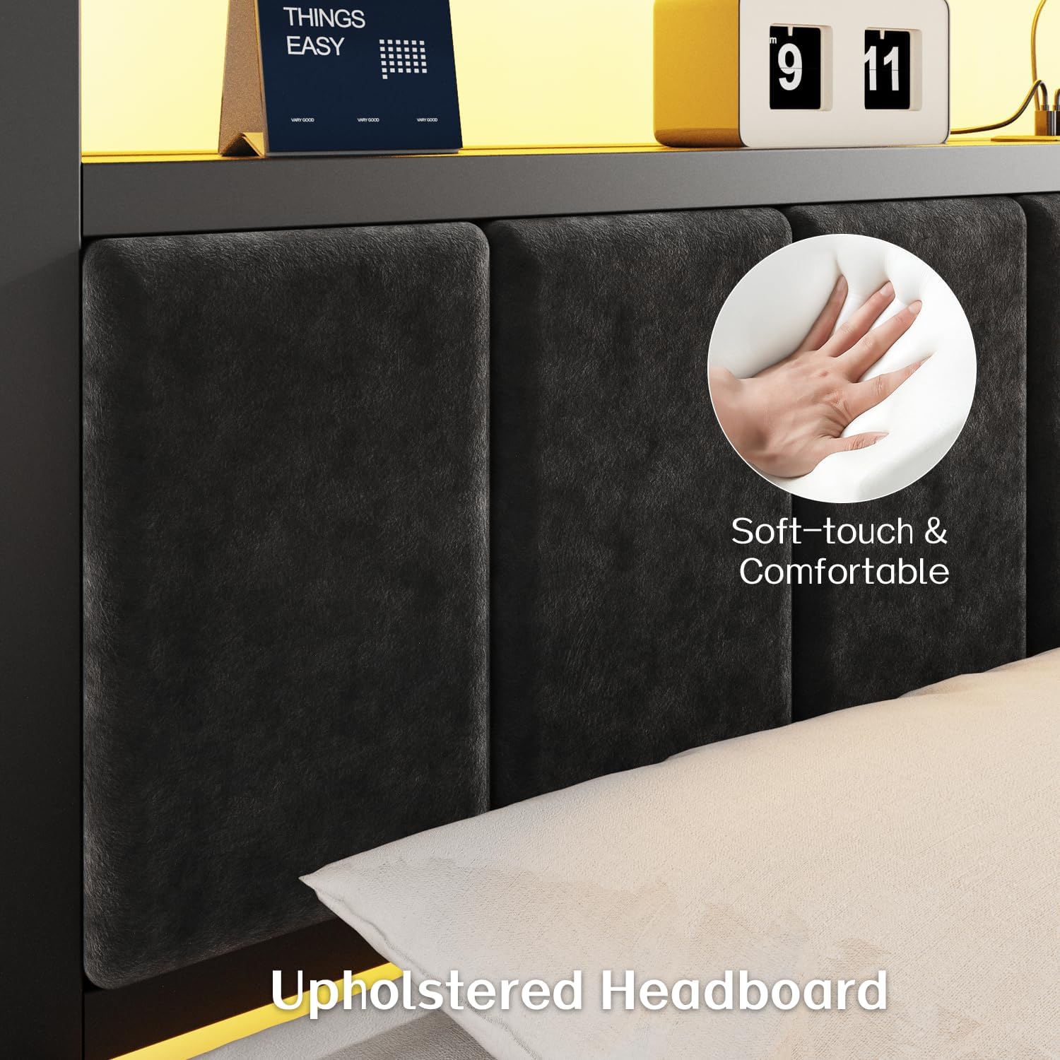 Detalle de OLEVS Queen Bed Frame, Metal Platform with RGB LED Lights and Storage Headboard