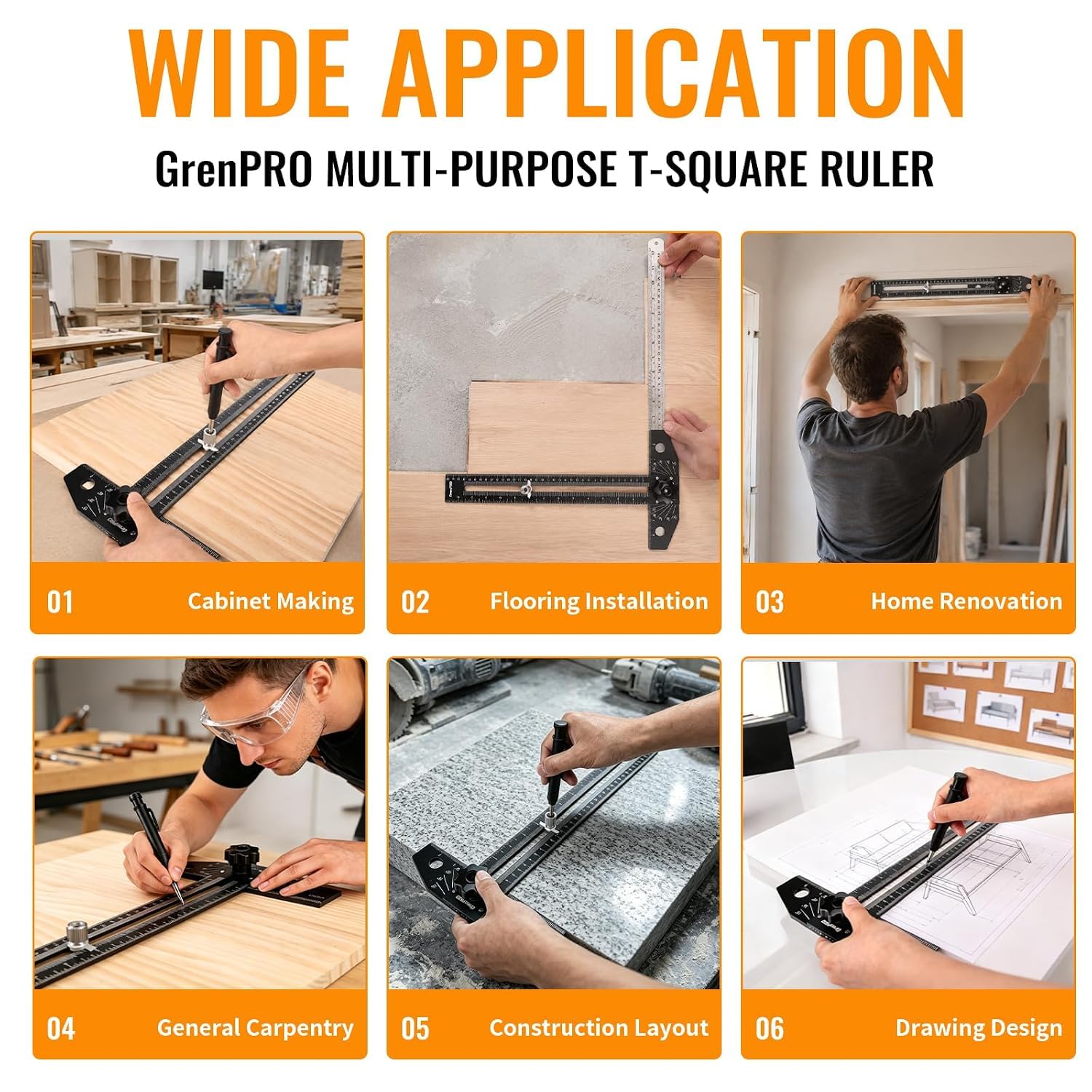 Thumbnail 6 de GRENPRO Combination Speed T-Square Ruler and Angle Finder, Aluminum, Dual Scales
