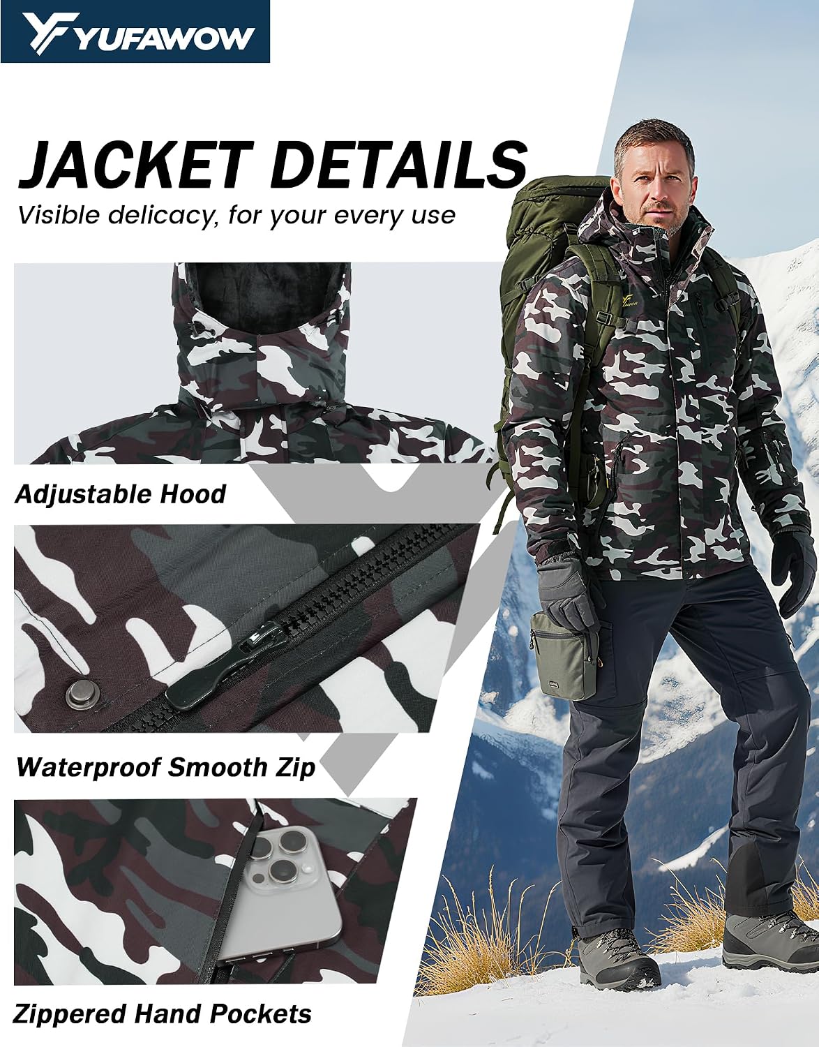 Detalle de Yufawow Men's Winter Jacket, Fleece-Lined