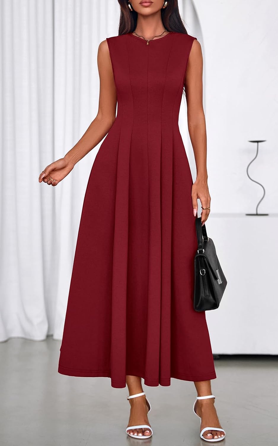 Detalle de PRETTYGARDEN Sleeveless Crewneck Summer Maxi Dress – Elegant, Modest A-Line Style with Pockets
