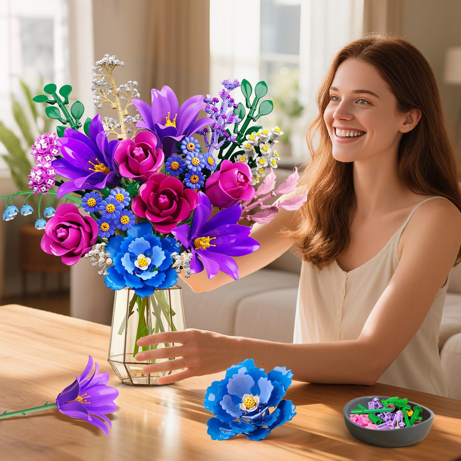 Thumbnail 3 de CUBIMANA Mother’s Day Flowers Bouquet Building Set with LED Light (Purple) – 1054PCS, 21 Flower Botanical Collection